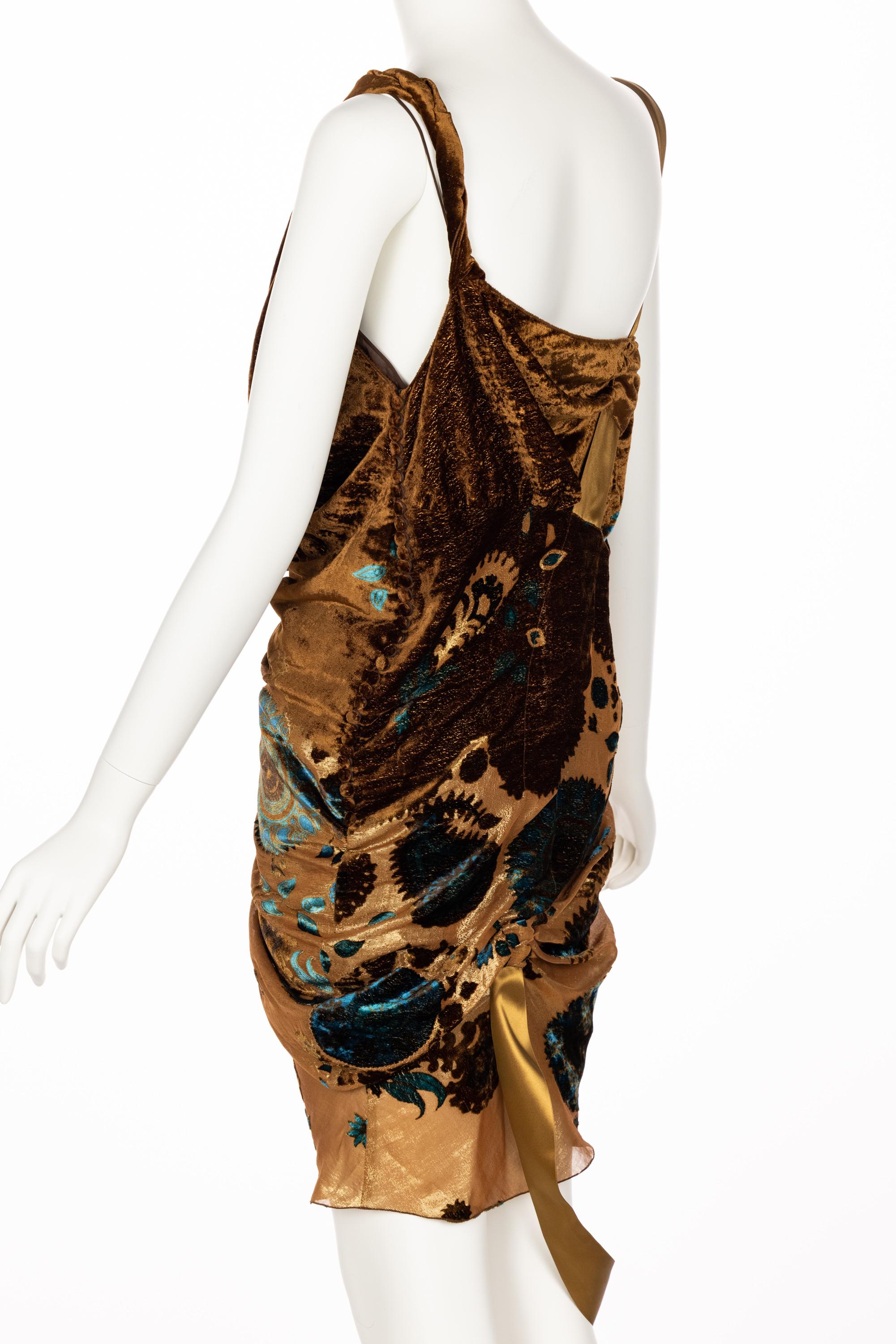 Women's  Christian Dior Galliano Golden Brown Turquoise Velvet Floral Devore Dress 2005