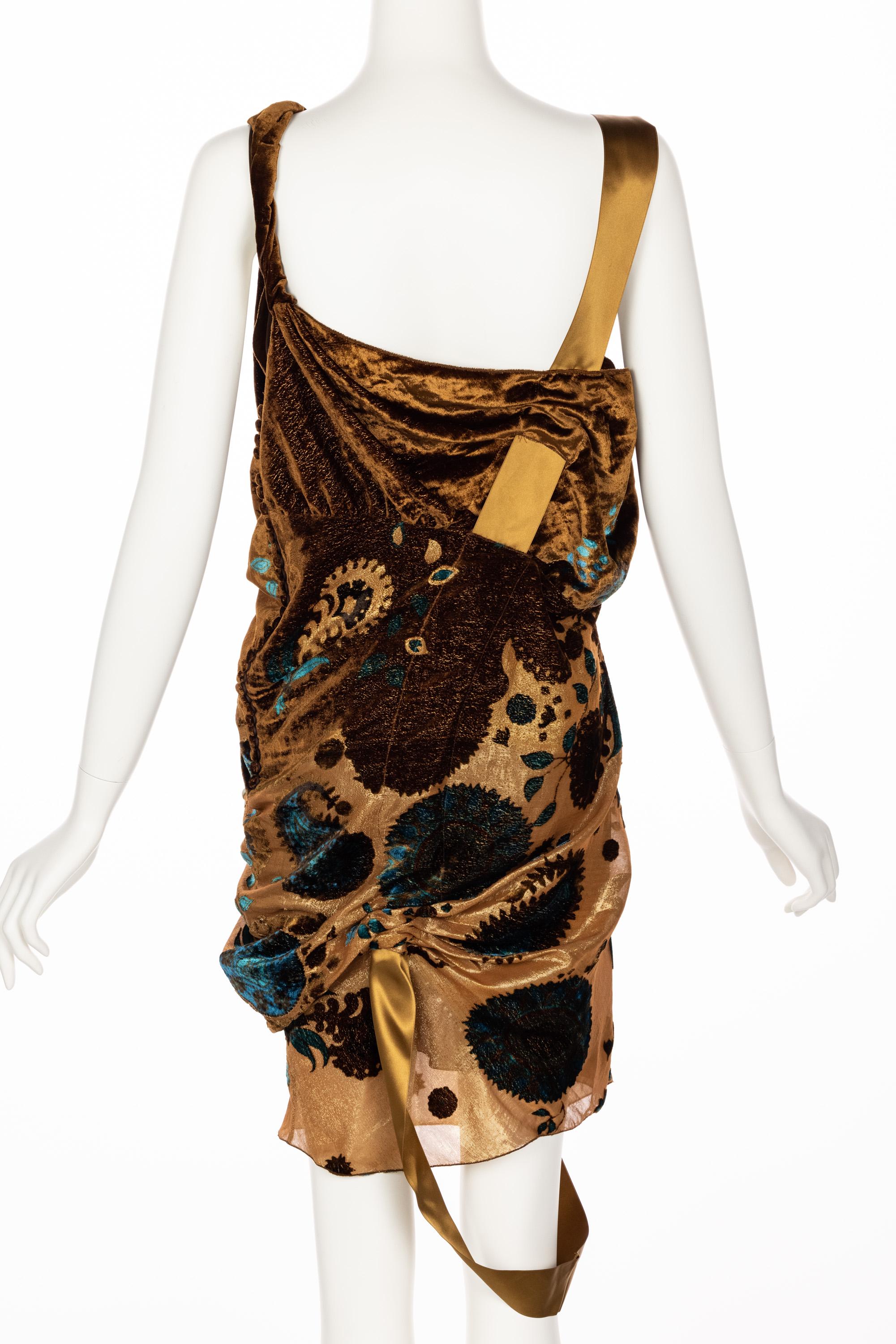  Christian Dior Galliano Golden Brown Turquoise Velvet Floral Devore Dress 2005 1