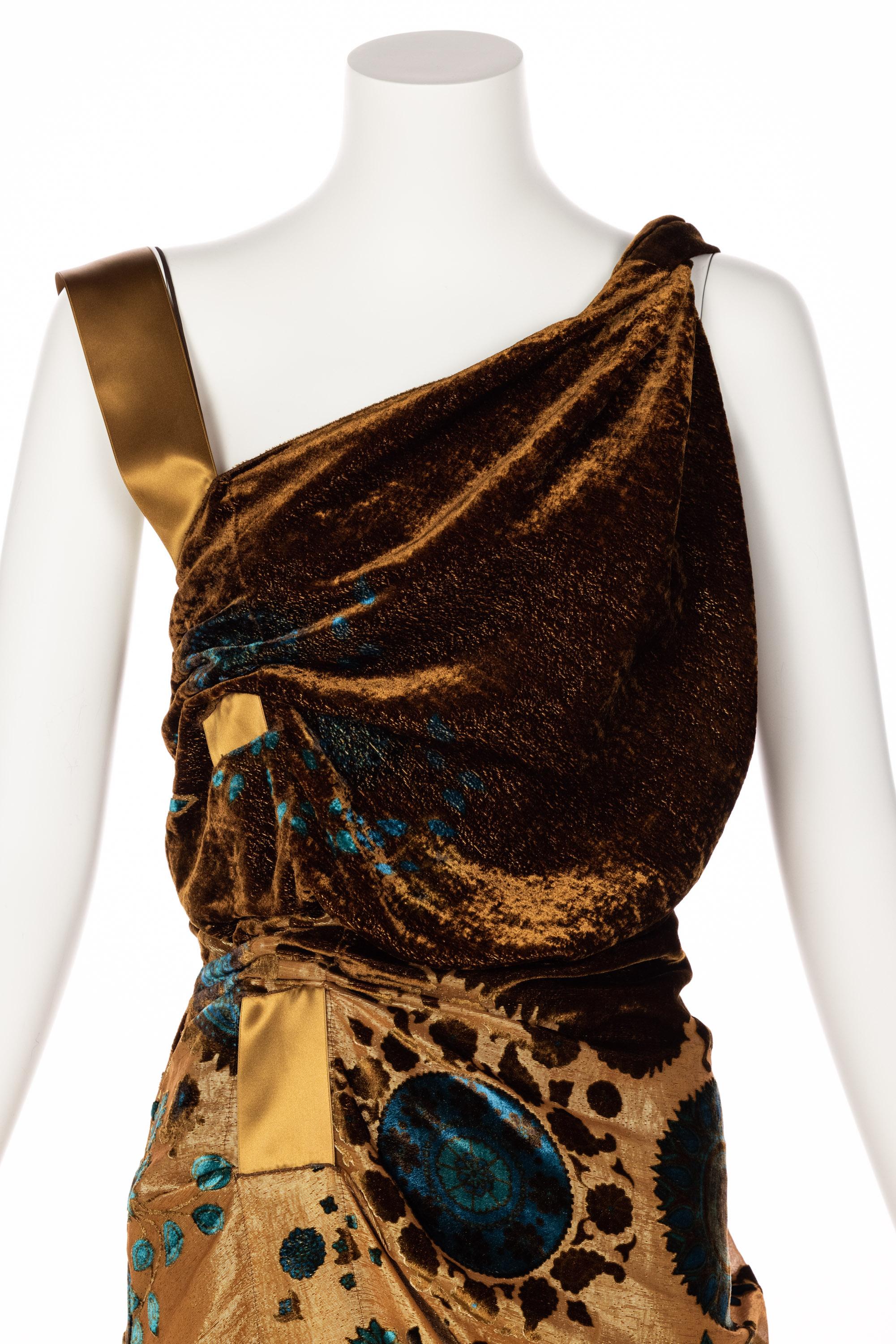  Christian Dior Galliano Golden Brown Turquoise Velvet Floral Devore Dress 2005 2