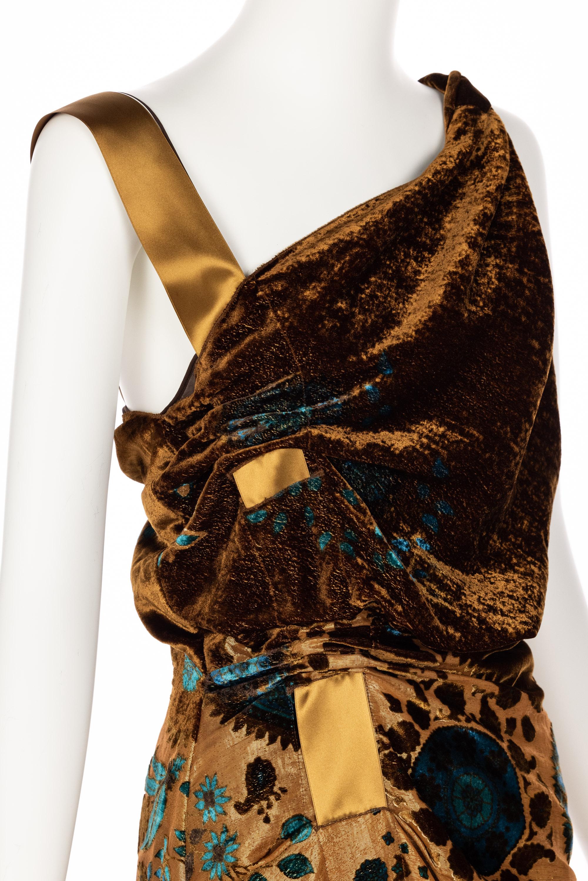  Christian Dior Galliano Golden Brown Turquoise Velvet Floral Devore Dress 2005 3