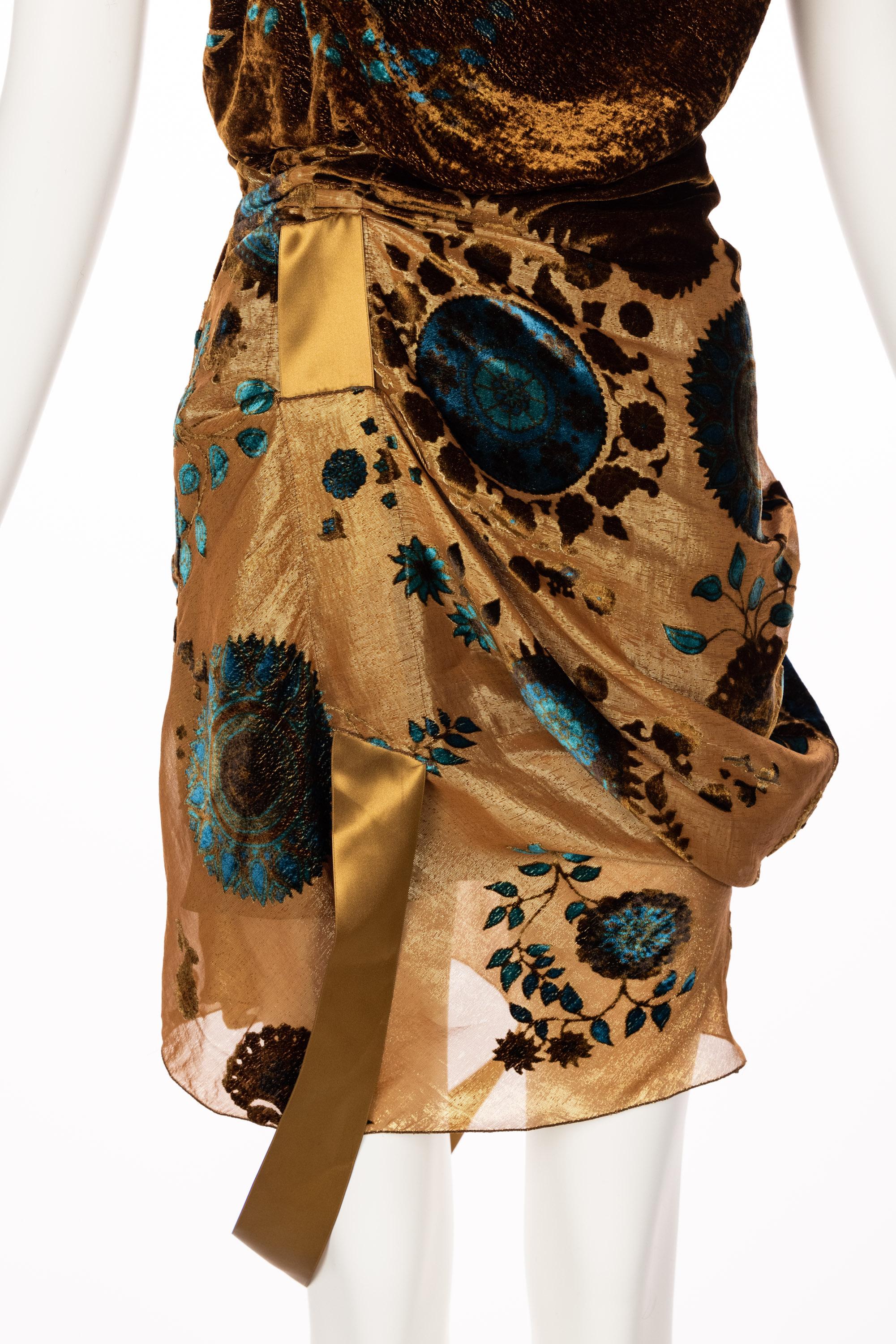 Christian Dior Galliano Golden Brown Turquoise Velvet Floral Devore Dress 2005 1