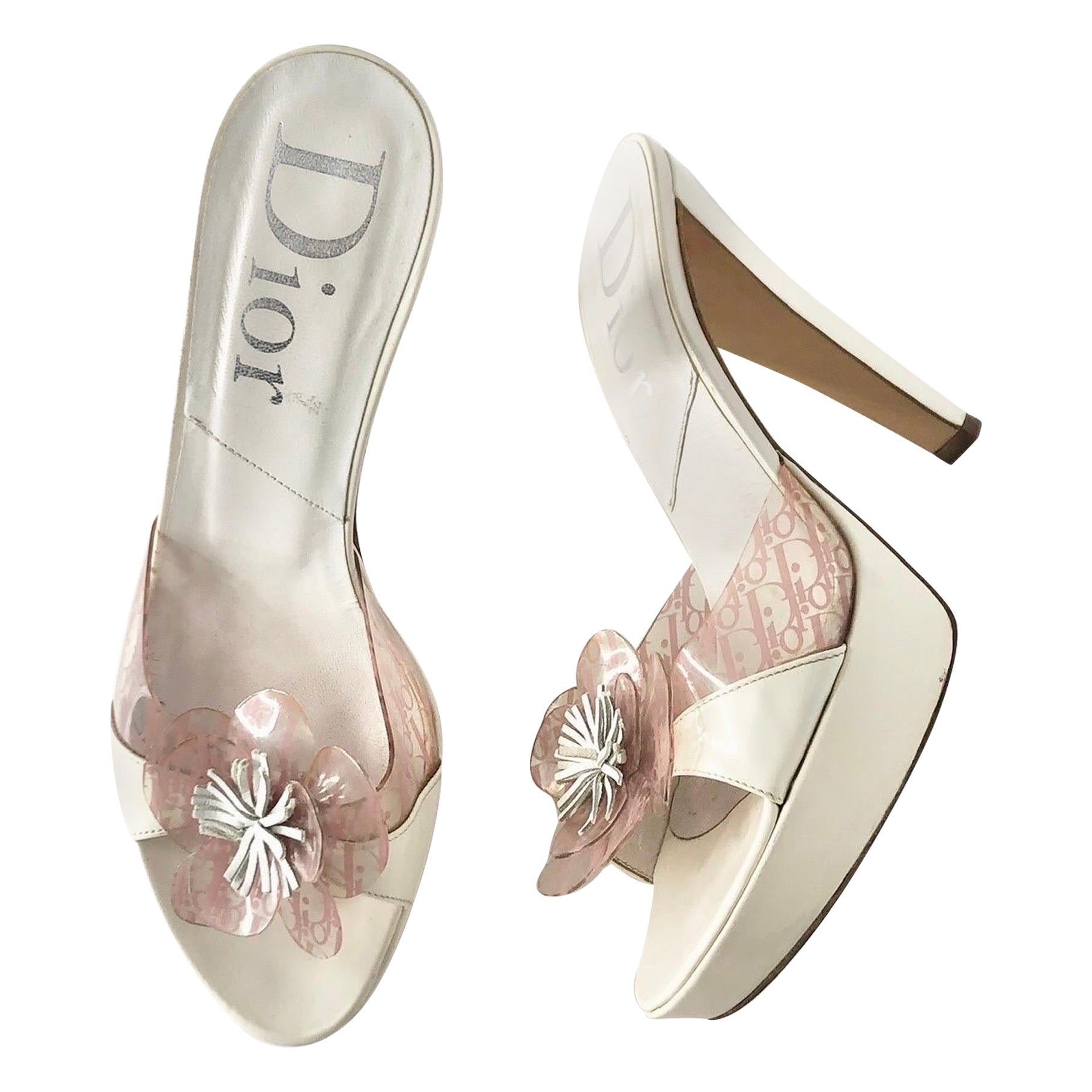 Christian Dior Galliano Logo Rosa Fiore Brevetto Pelle Mules Sandali 37,5