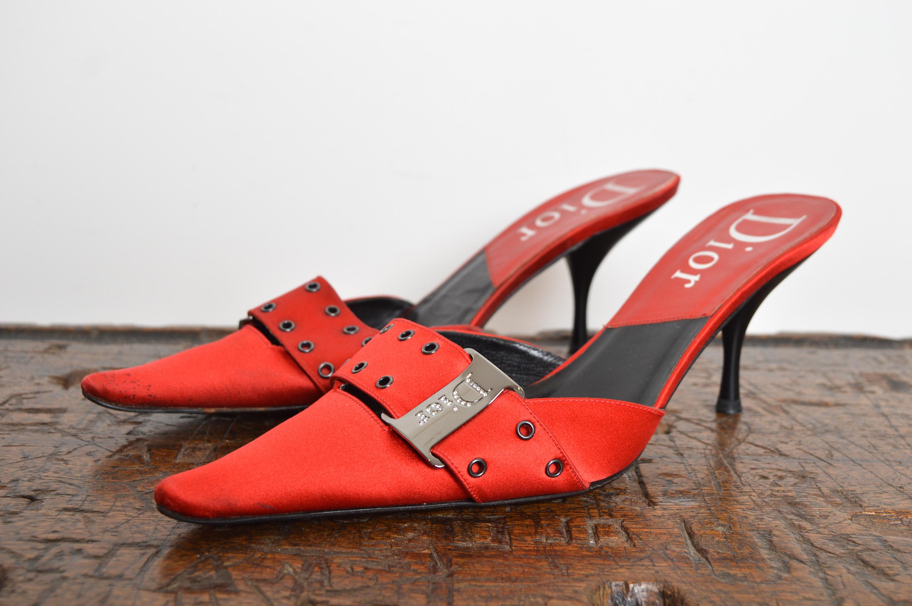 Red Christian Dior Galliano Ruby red satin jewel tone pointed buckle Kitten Heels For Sale