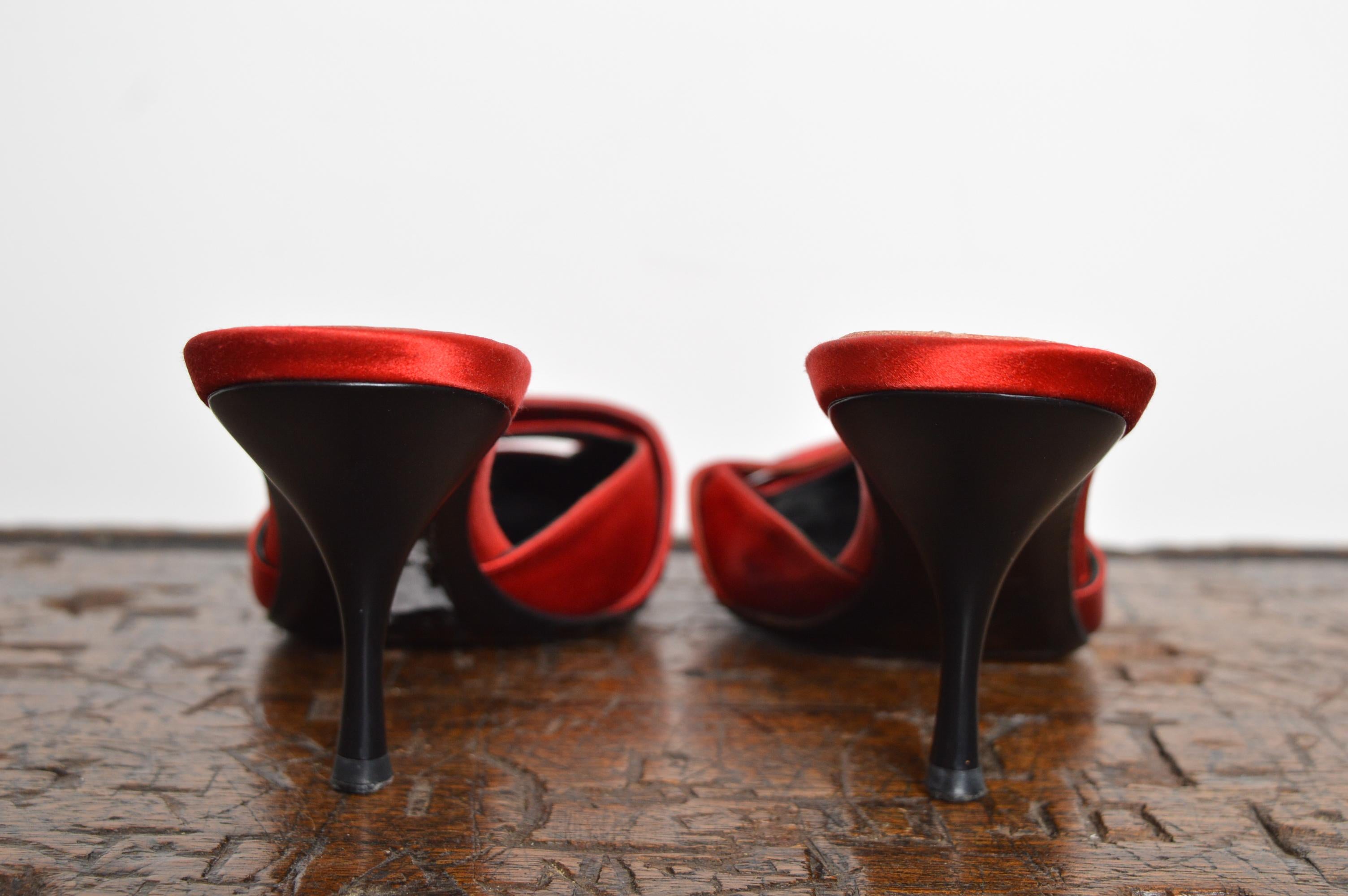 Christian Dior Galliano Ruby red satin jewel tone pointed buckle Kitten Heels For Sale 2