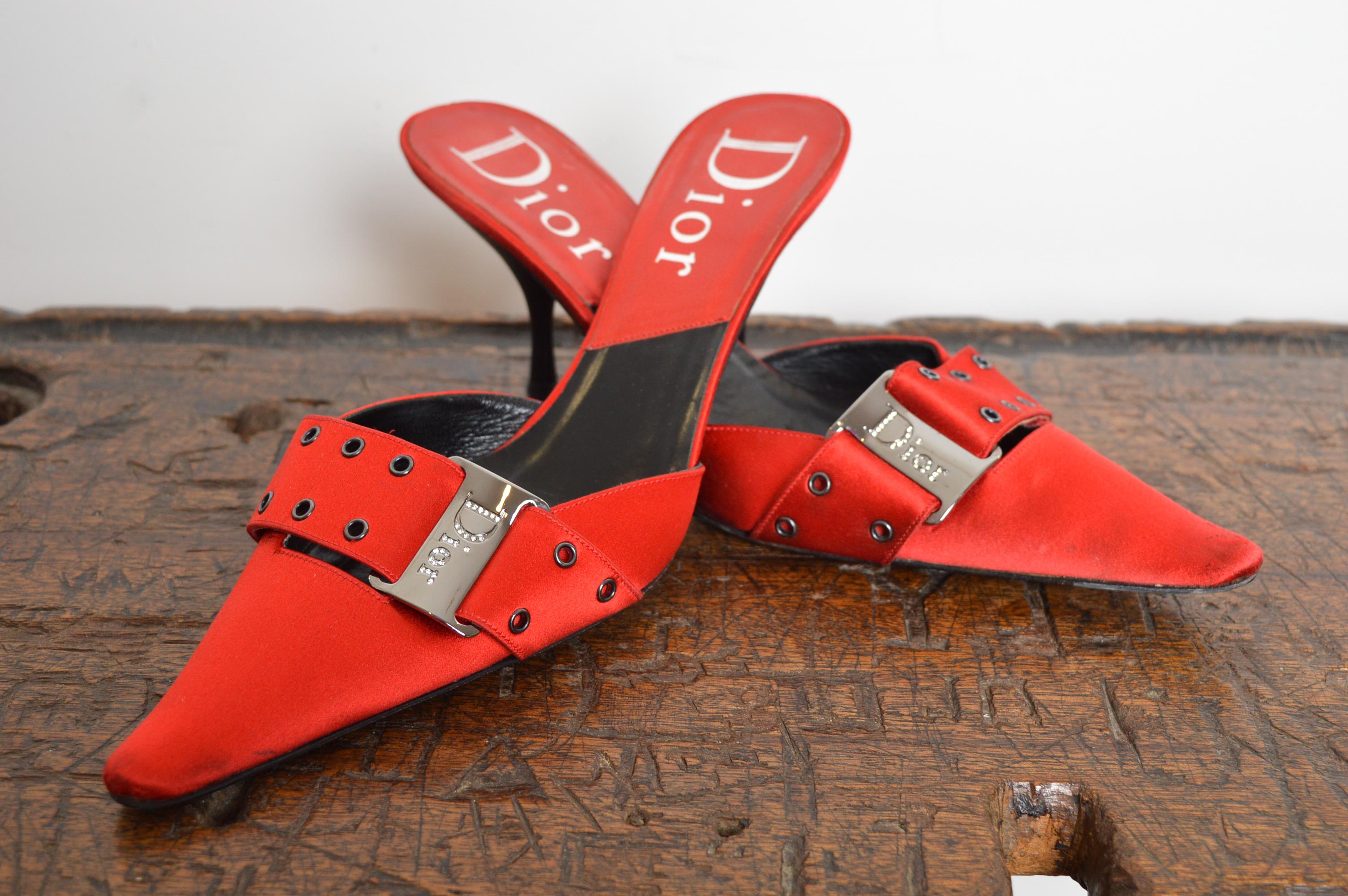 Christian Dior Galliano Ruby red satin jewel tone pointed buckle Kitten Heels For Sale 3