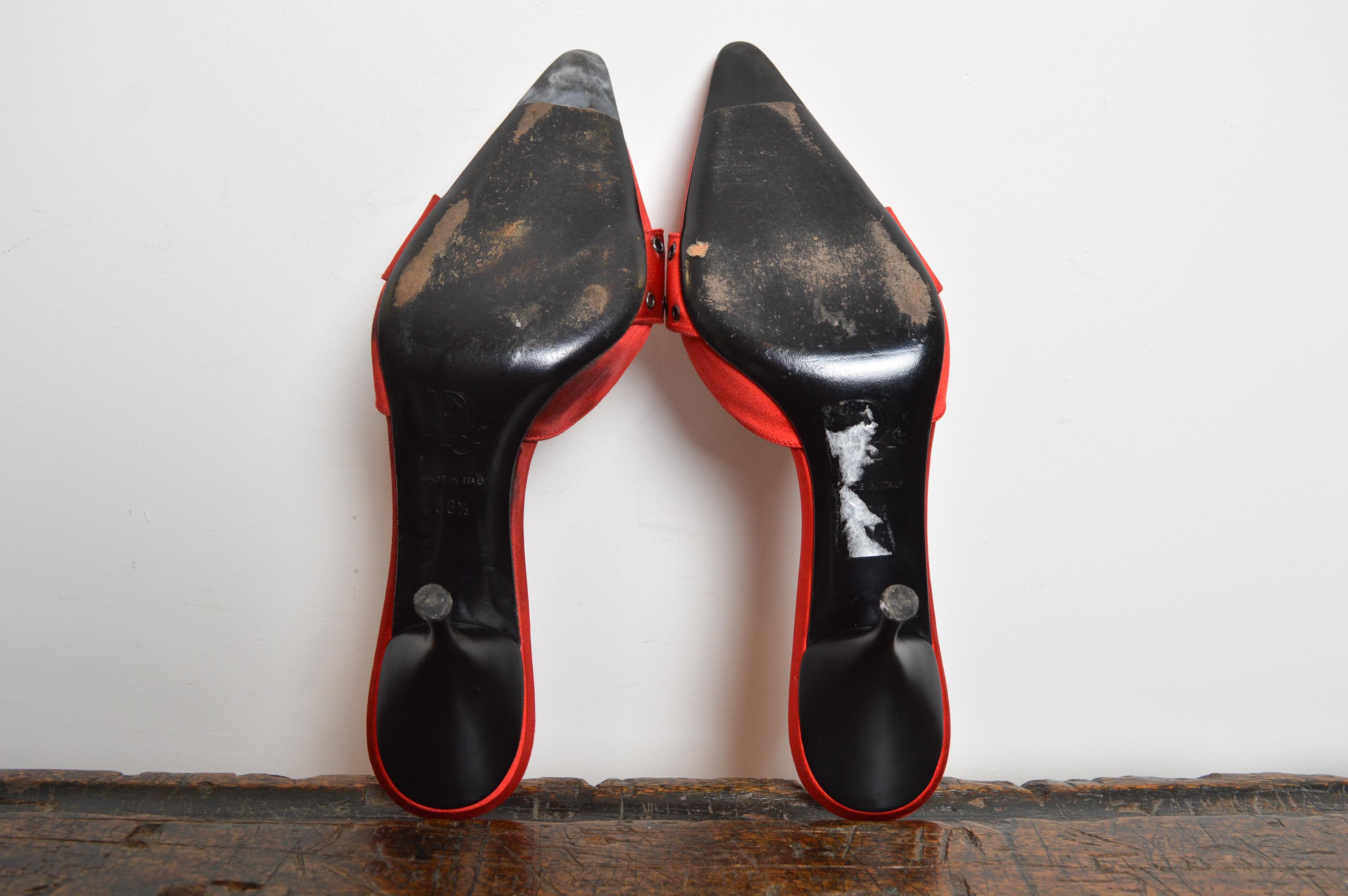 Christian Dior Galliano Ruby red satin jewel tone pointed buckle Kitten Heels For Sale 4