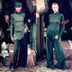 CHRISTIAN DIOR GALLIANO SS99 Mao green beaded pleated silk pant suit FR38 M