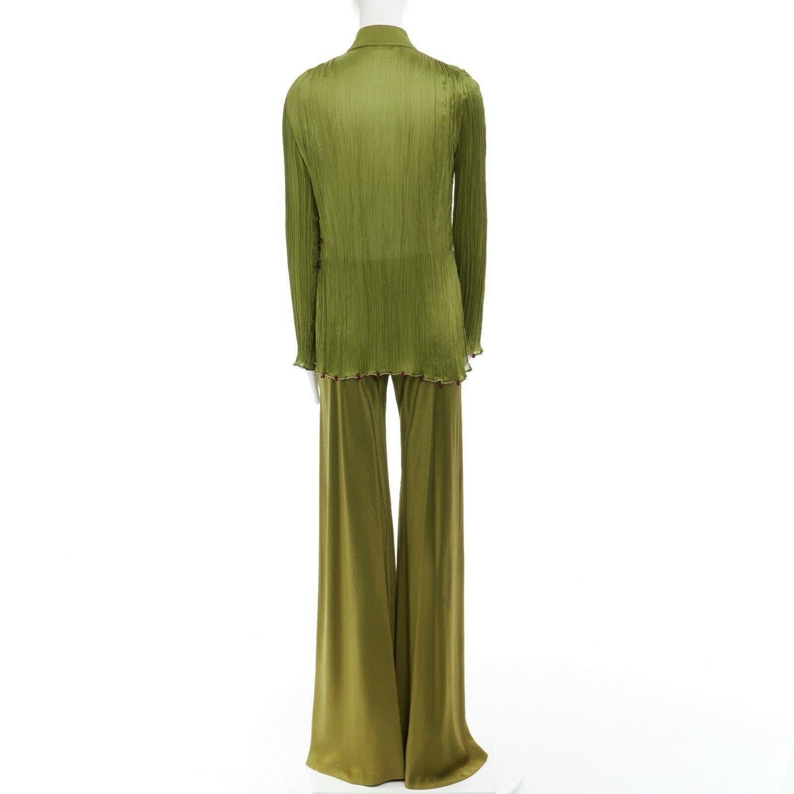 Brown CHRISTIAN DIOR GALLIANO SS99 Mao green beaded pleated silk pant suit FR38 M