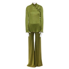 CHRISTIAN DIOR GALLIANO SS99 Mao green beaded pleated silk suit FR38
