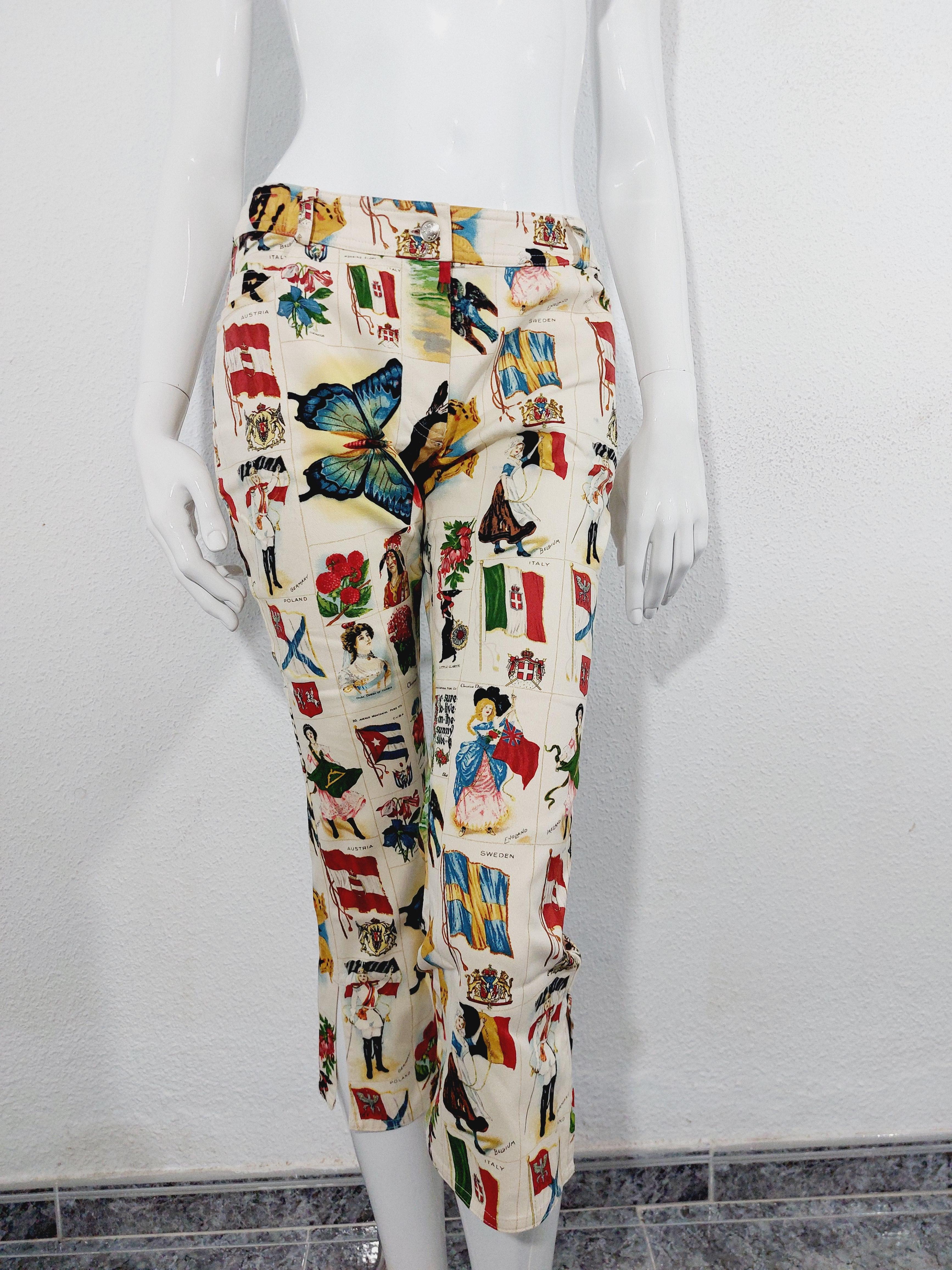 Christian Dior Galliano Stamp Flag Countries Butterfly 2002 Runway Capri Pants en vente 5