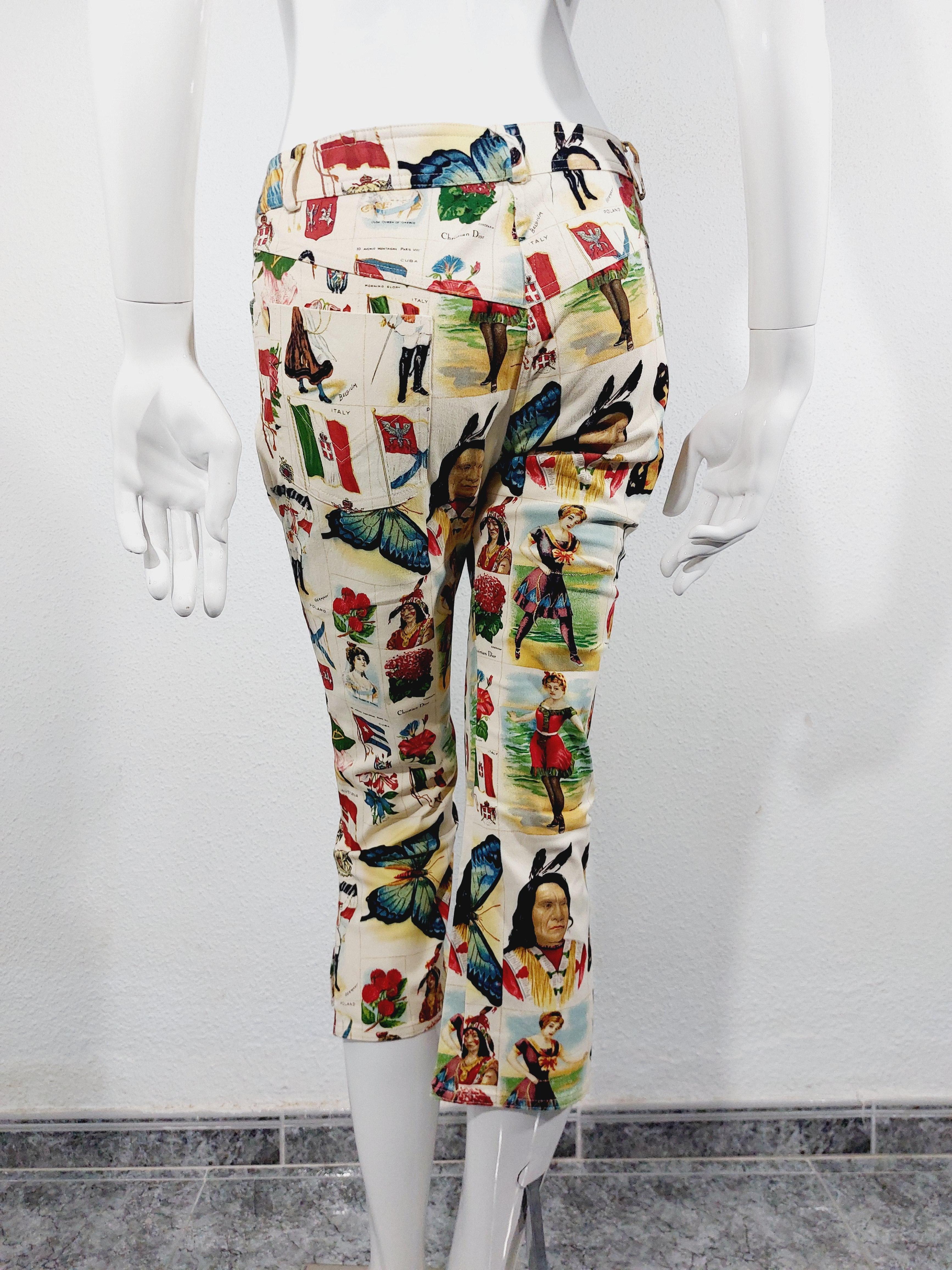 Christian Dior Galliano Stamp Flag Countries Butterfly 2002 Runway Capri Pants en vente 8