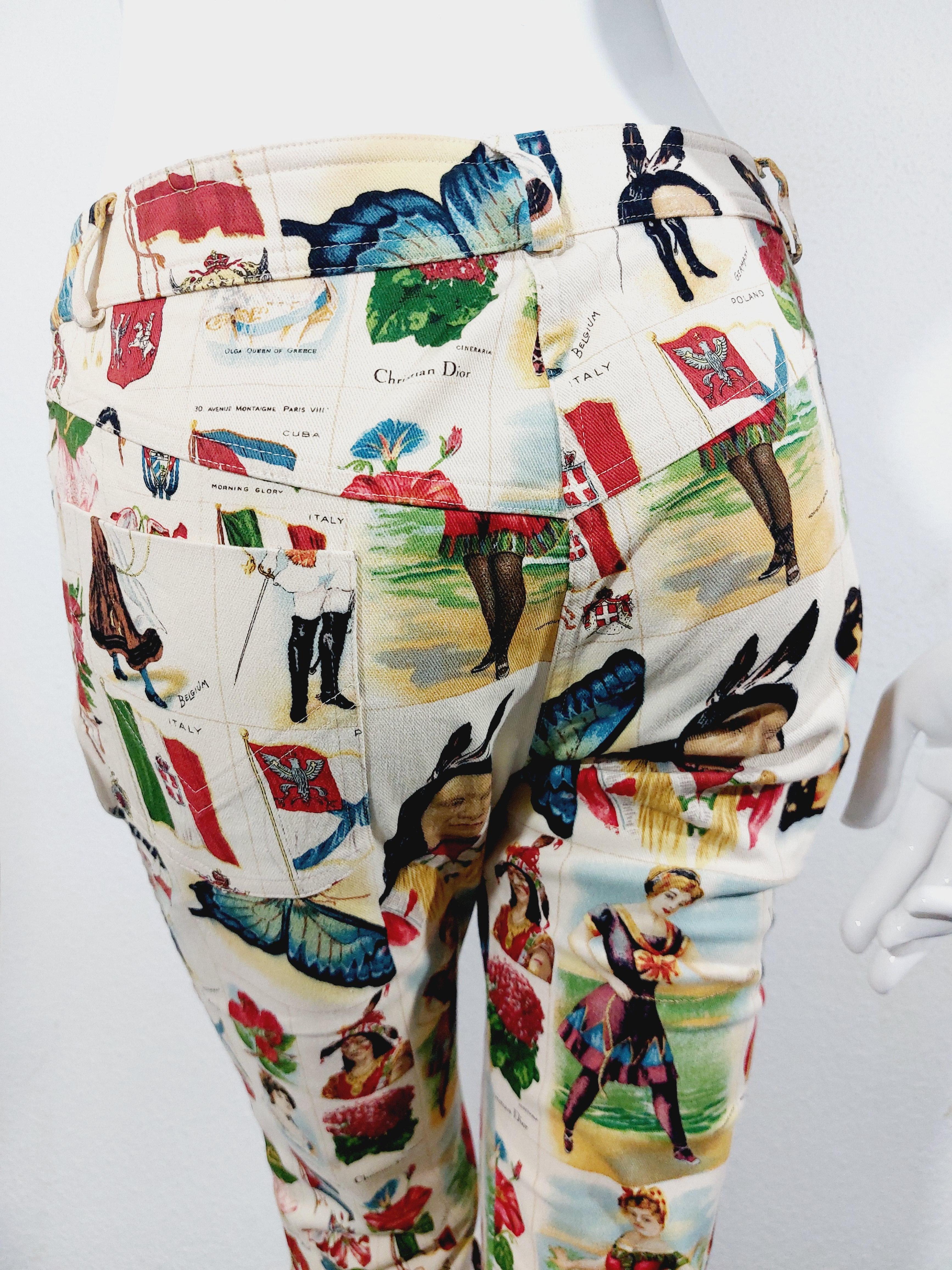 Christian Dior Galliano Stamp Flag Countries Butterfly 2002 Runway Capri Pants en vente 9