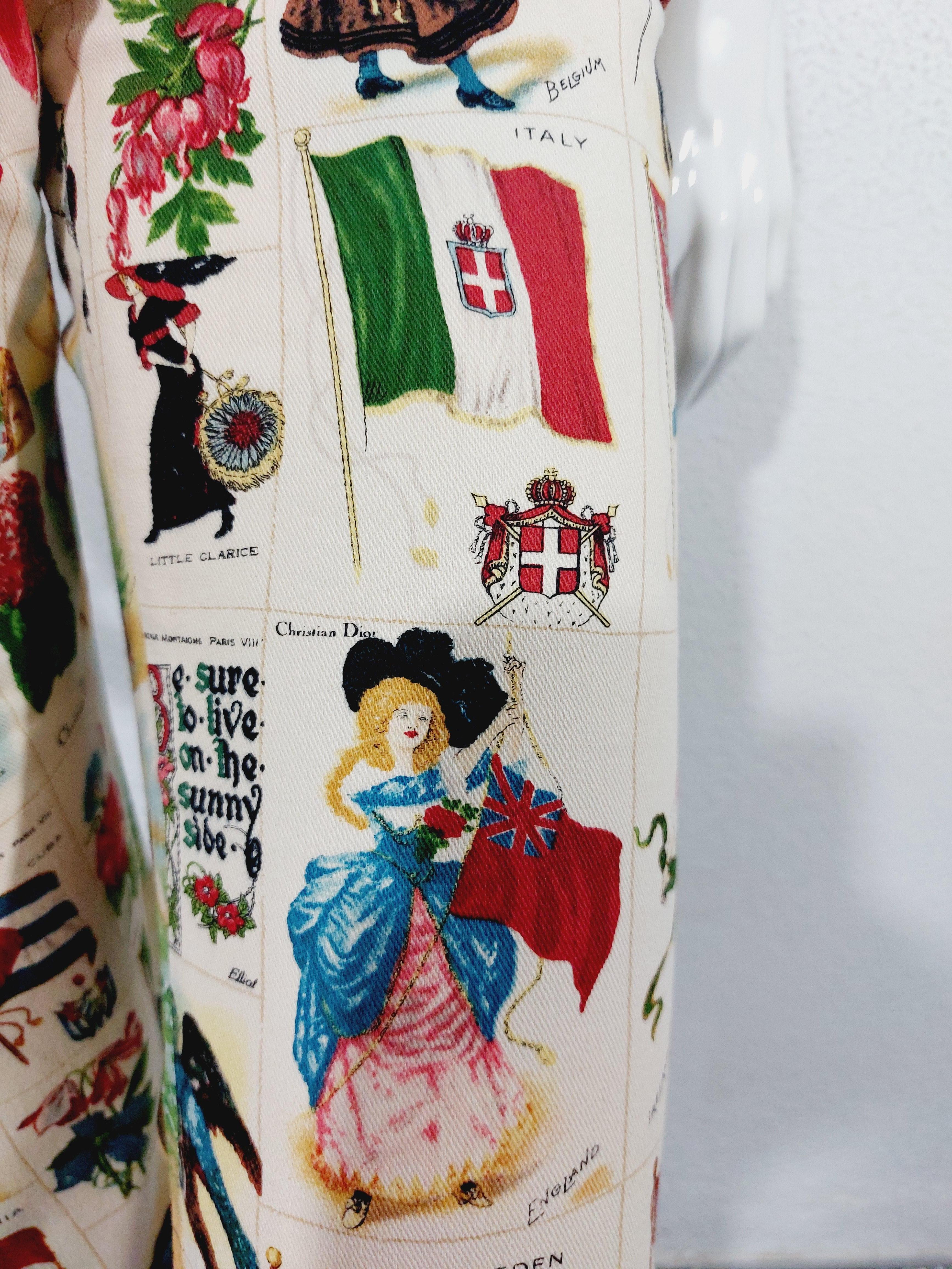 Christian Dior Galliano Stamp Flag Countries Butterfly 2002 Runway Capri Pants en vente 1