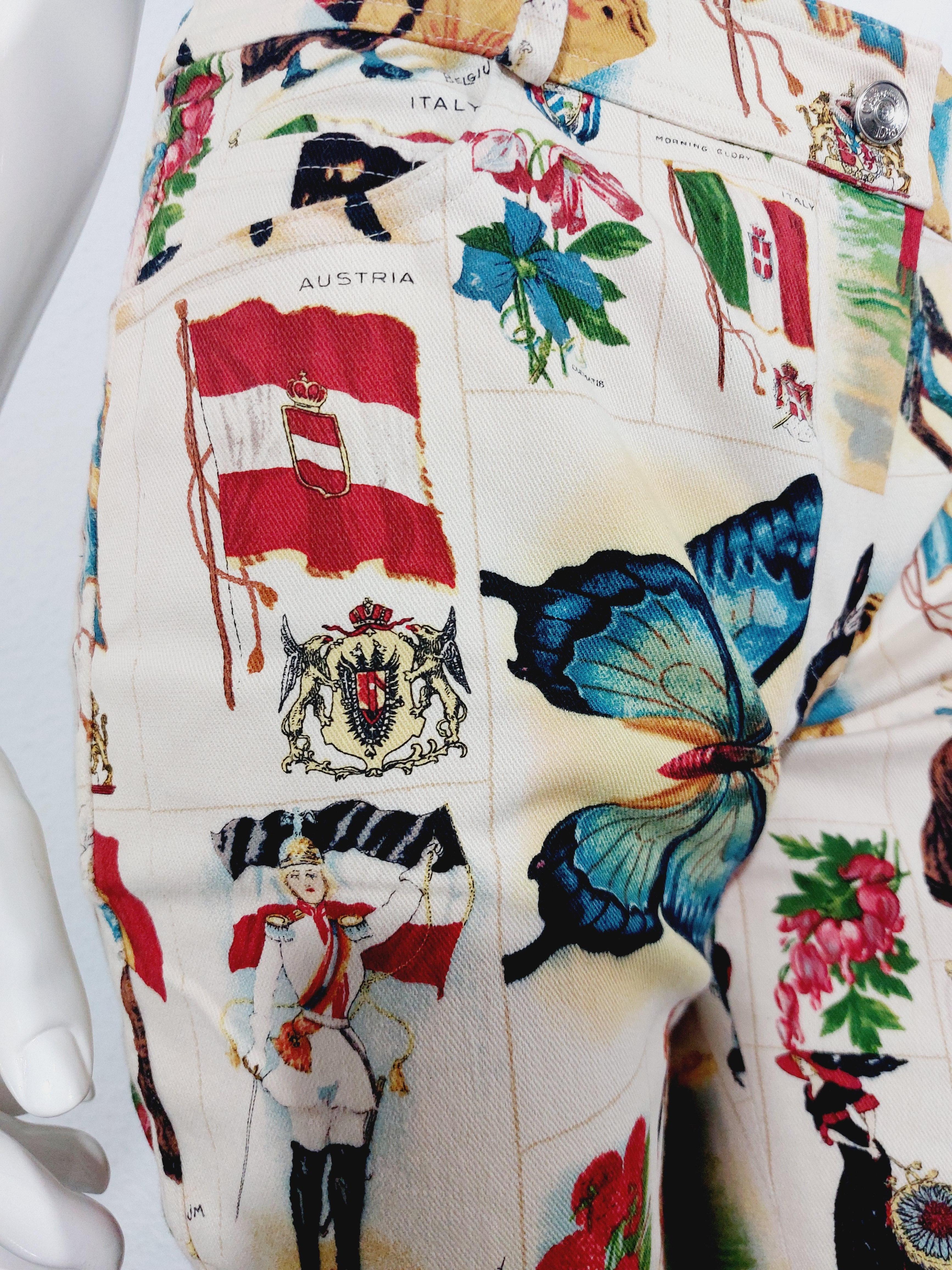 Christian Dior Galliano Stamp Flag Countries Butterfly 2002 Runway Capri Pants en vente 2