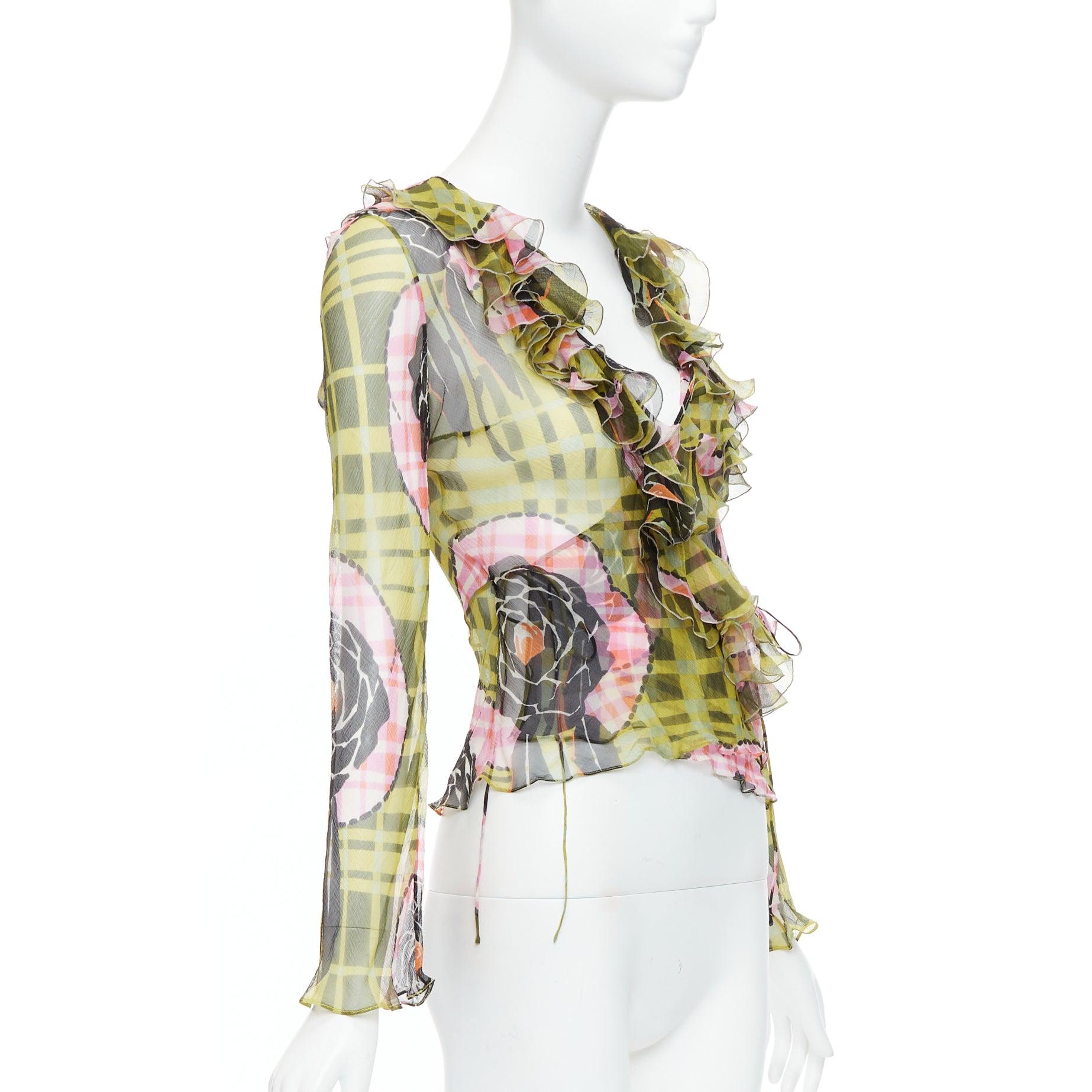 Beige CHRISTIAN DIOR Galliano Vintage 2002 green pink silk ruffle wrap blouse FR36 S