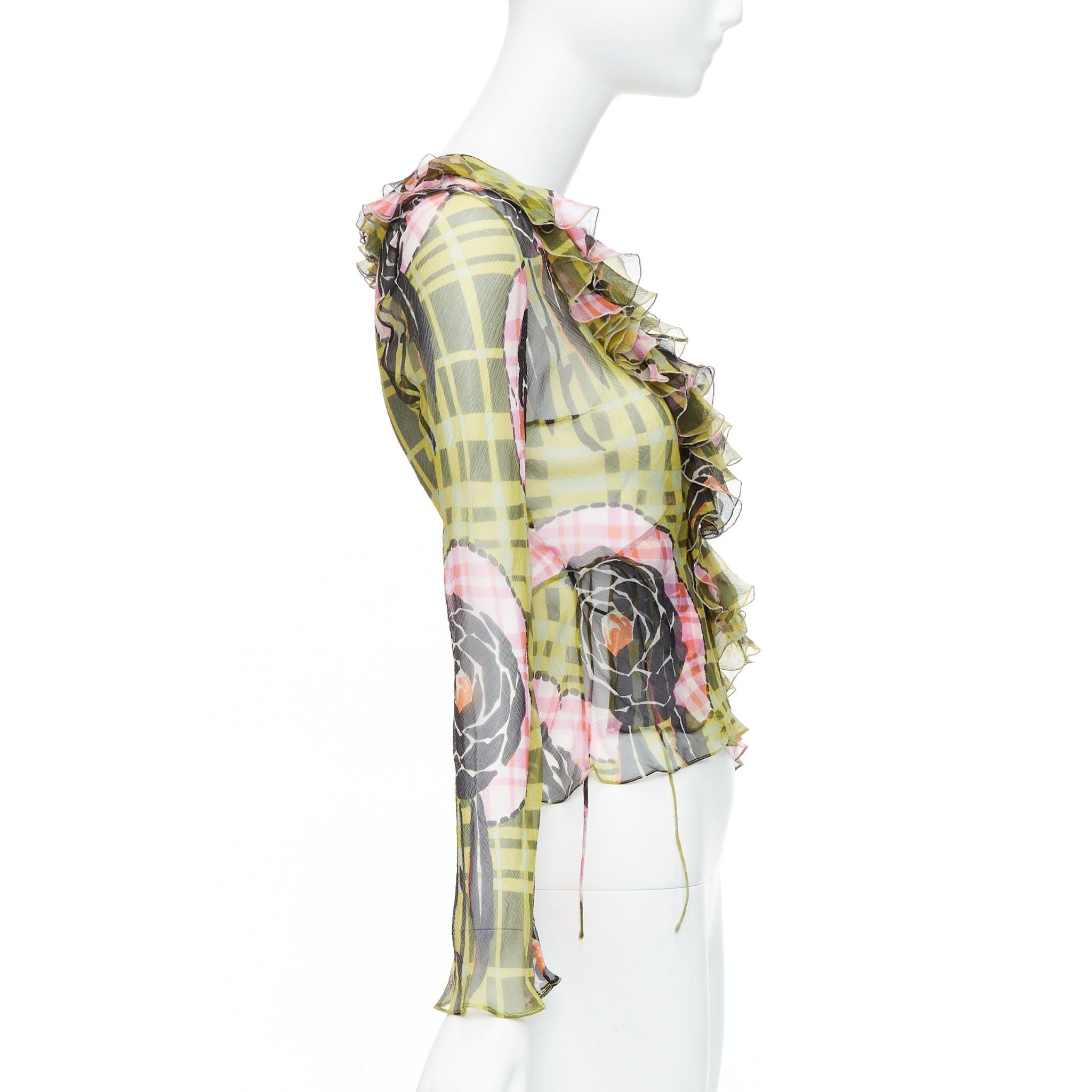 CHRISTIAN DIOR Galliano Vintage 2002 green pink silk ruffle wrap blouse FR36 S In Good Condition In Hong Kong, NT
