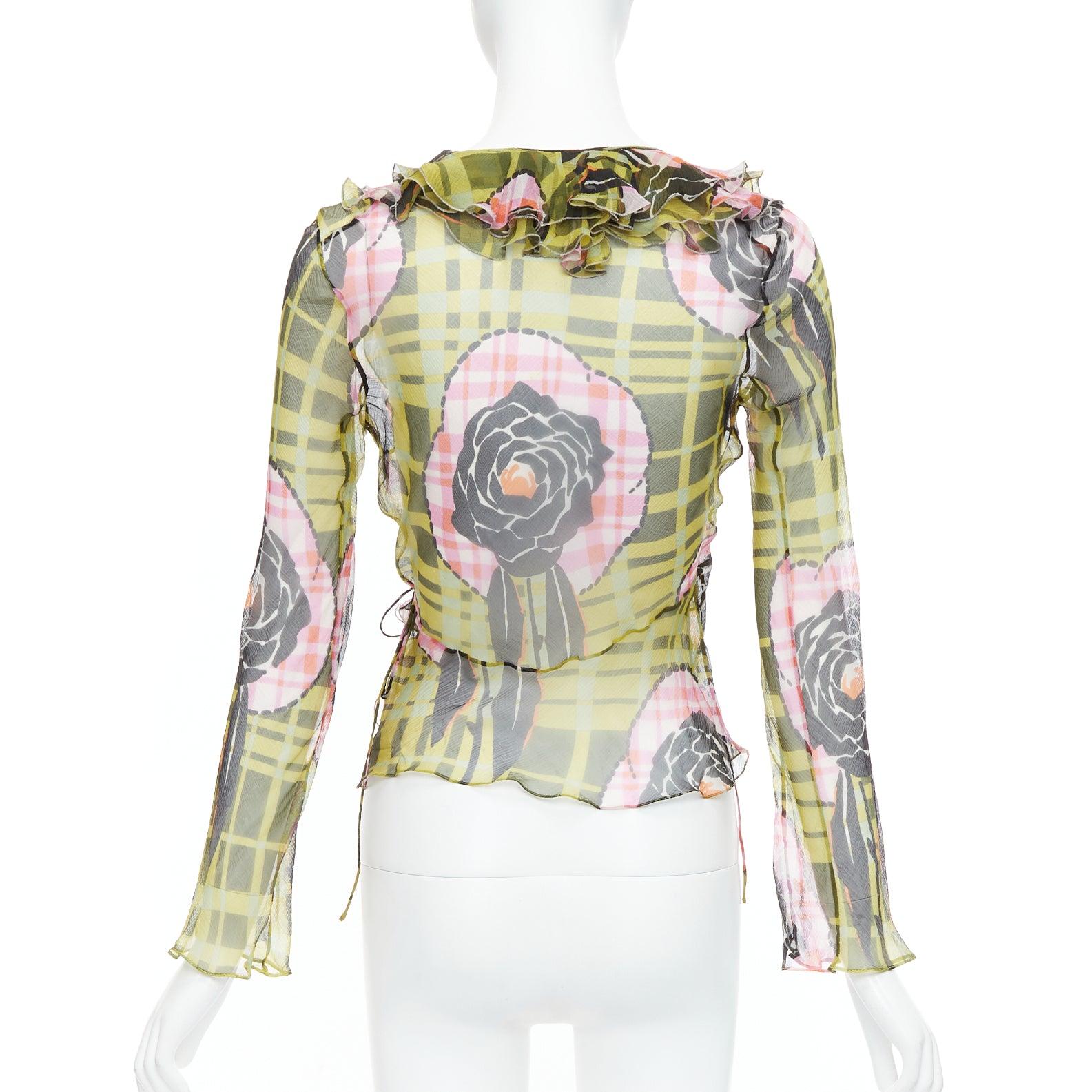 Women's CHRISTIAN DIOR Galliano Vintage 2002 green pink silk ruffle wrap blouse FR36 S