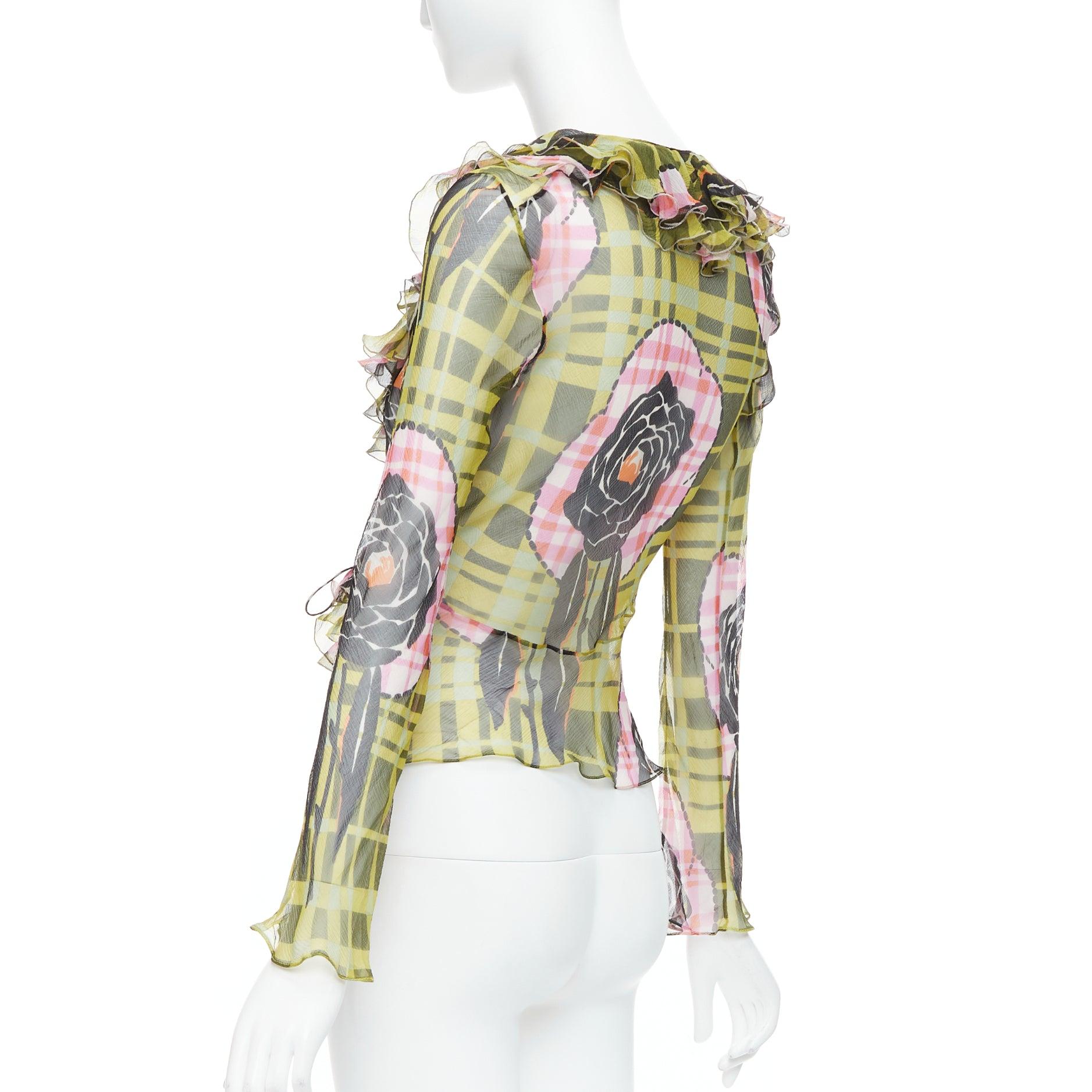 CHRISTIAN DIOR Galliano Vintage 2002 green pink silk ruffle wrap blouse FR36 S 1