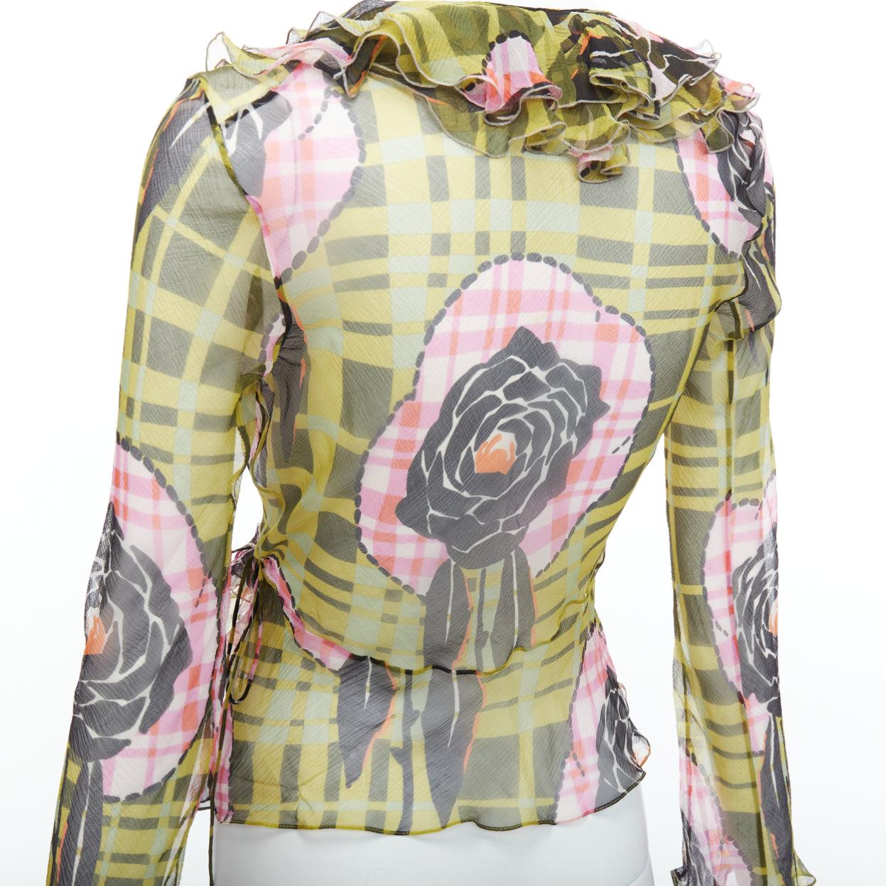 CHRISTIAN DIOR Galliano Vintage 2002 green pink silk ruffle wrap blouse FR36 S 2