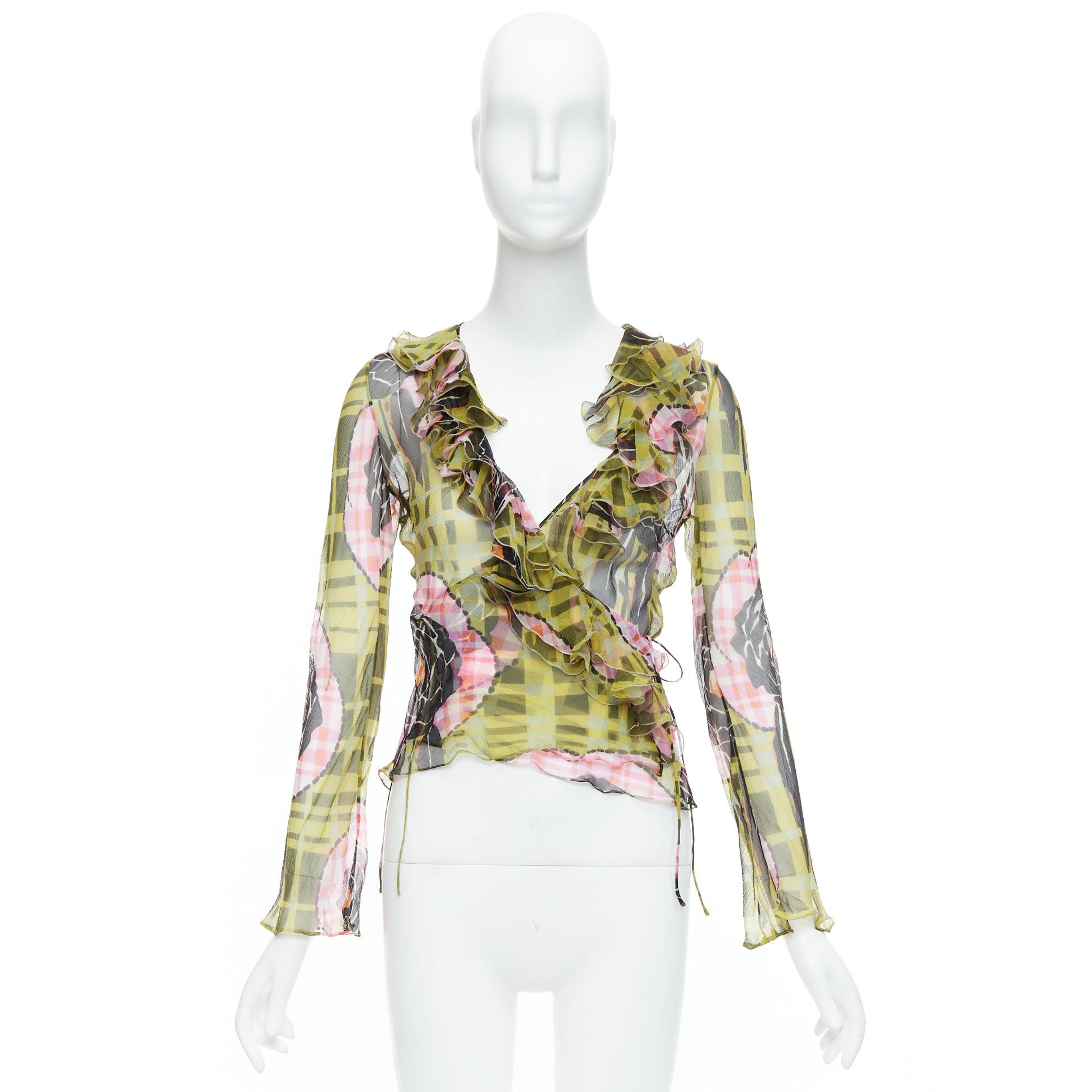 CHRISTIAN DIOR Galliano Vintage 2002 green pink silk ruffle wrap blouse FR36 S 4