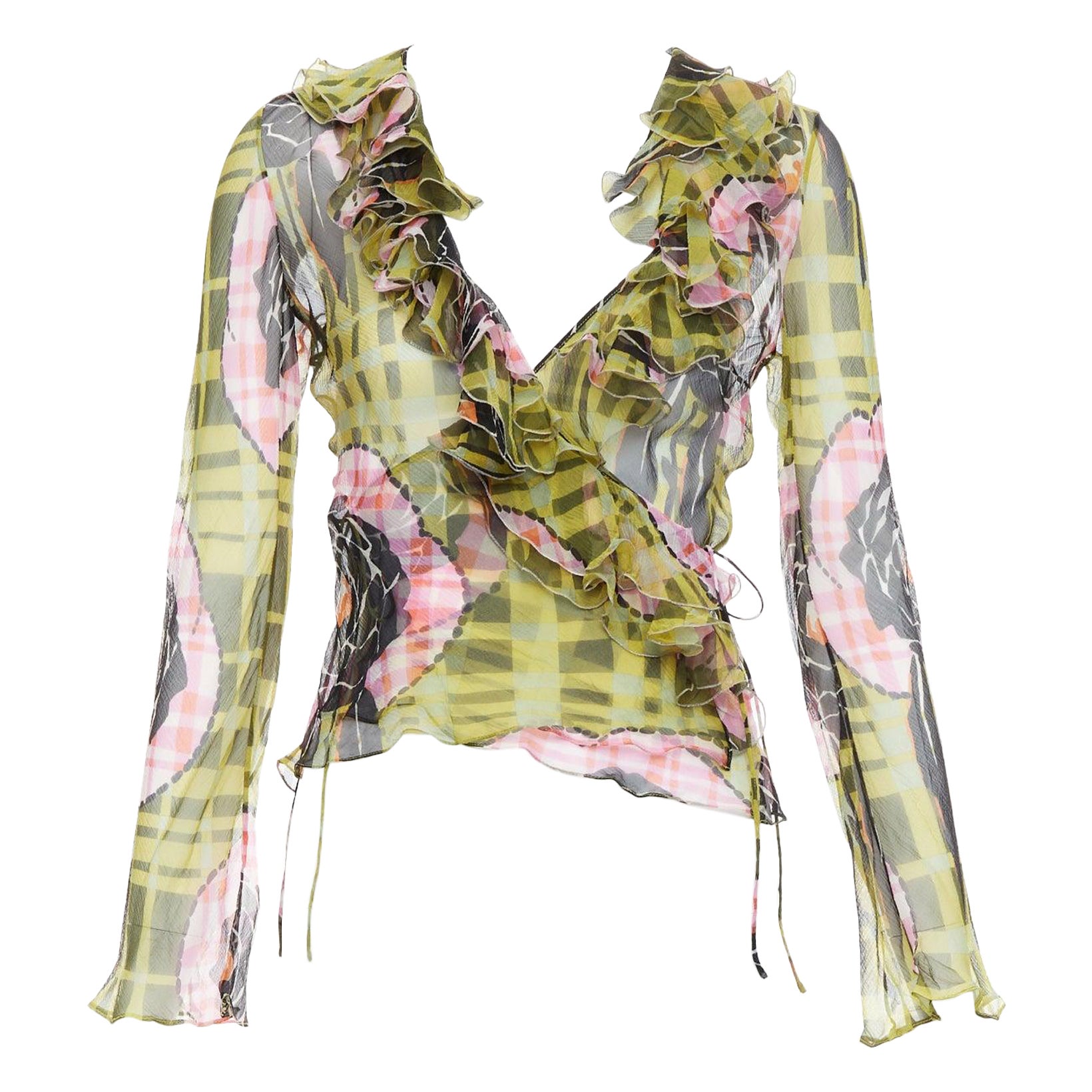 CHRISTIAN DIOR Galliano Vintage 2002 green pink silk ruffle wrap blouse FR36 S