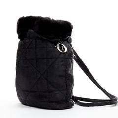 CHRISTIAN DIOR Galliano Vintage black CD charm faux fur Cannage sling backpack