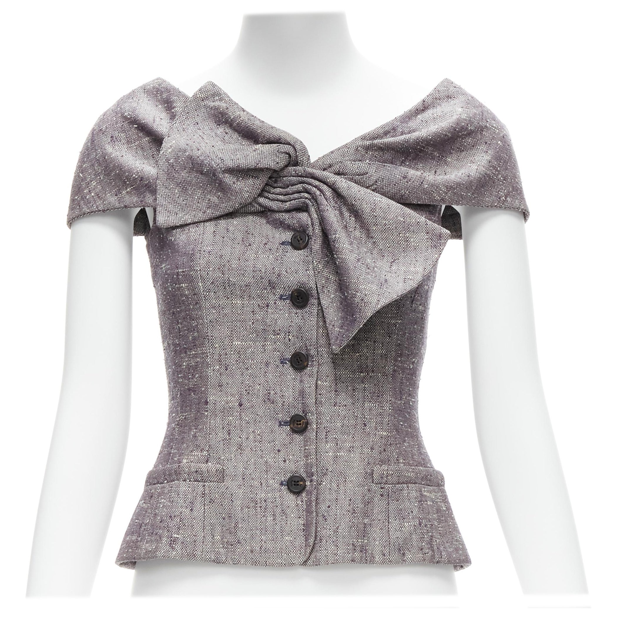 CHRISTIAN DIOR Galliano Vintage grey boucle bow detail fitted jacket FR34 XS