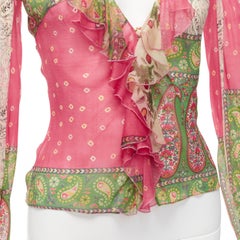 CHRISTIAN DIOR Galliano Vintage  silk ethnic bias cut deep V ruffle top FR36 S
