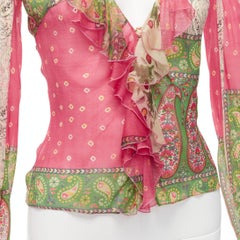 CHRISTIAN DIOR Galliano Vintage seda étnica corte al bies profundo V volante top FR36 S
