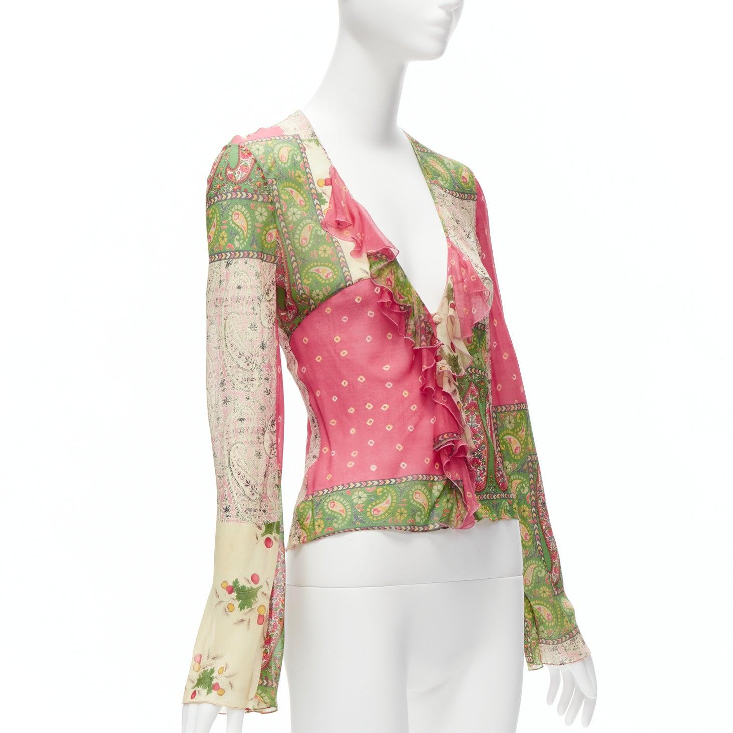 CHRISTIAN DIOR Galliano Vintage silk ethnic bias cut deep V ruffle top FR36 S In Excellent Condition In Hong Kong, NT