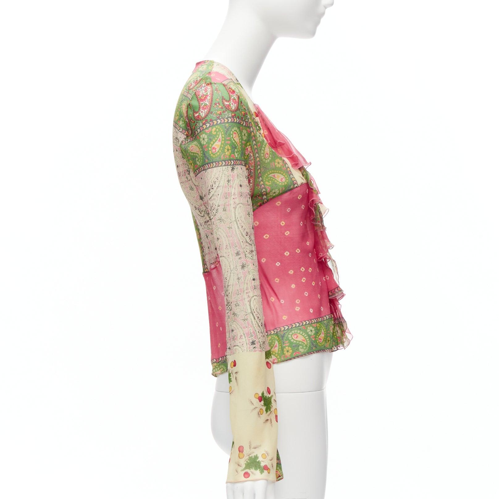 Women's CHRISTIAN DIOR Galliano Vintage silk ethnic bias cut deep V ruffle top FR36 S