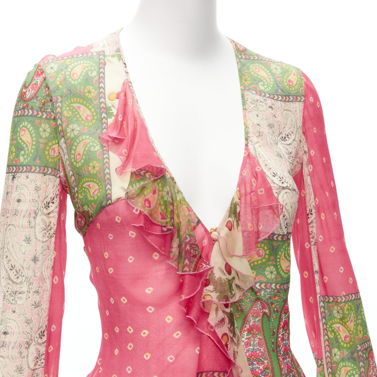 CHRISTIAN DIOR Galliano Vintage silk ethnic bias cut deep V ruffle top FR36 S 3