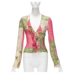 CHRISTIAN DIOR Galliano Vintage silk ethnic bias cut deep V ruffle top FR36 S