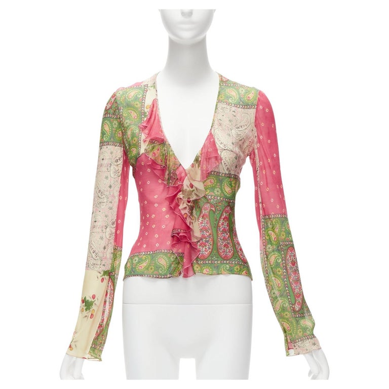 CHRISTIAN DIOR Galliano Vintage silk ethnic bias cut deep V ruffle 