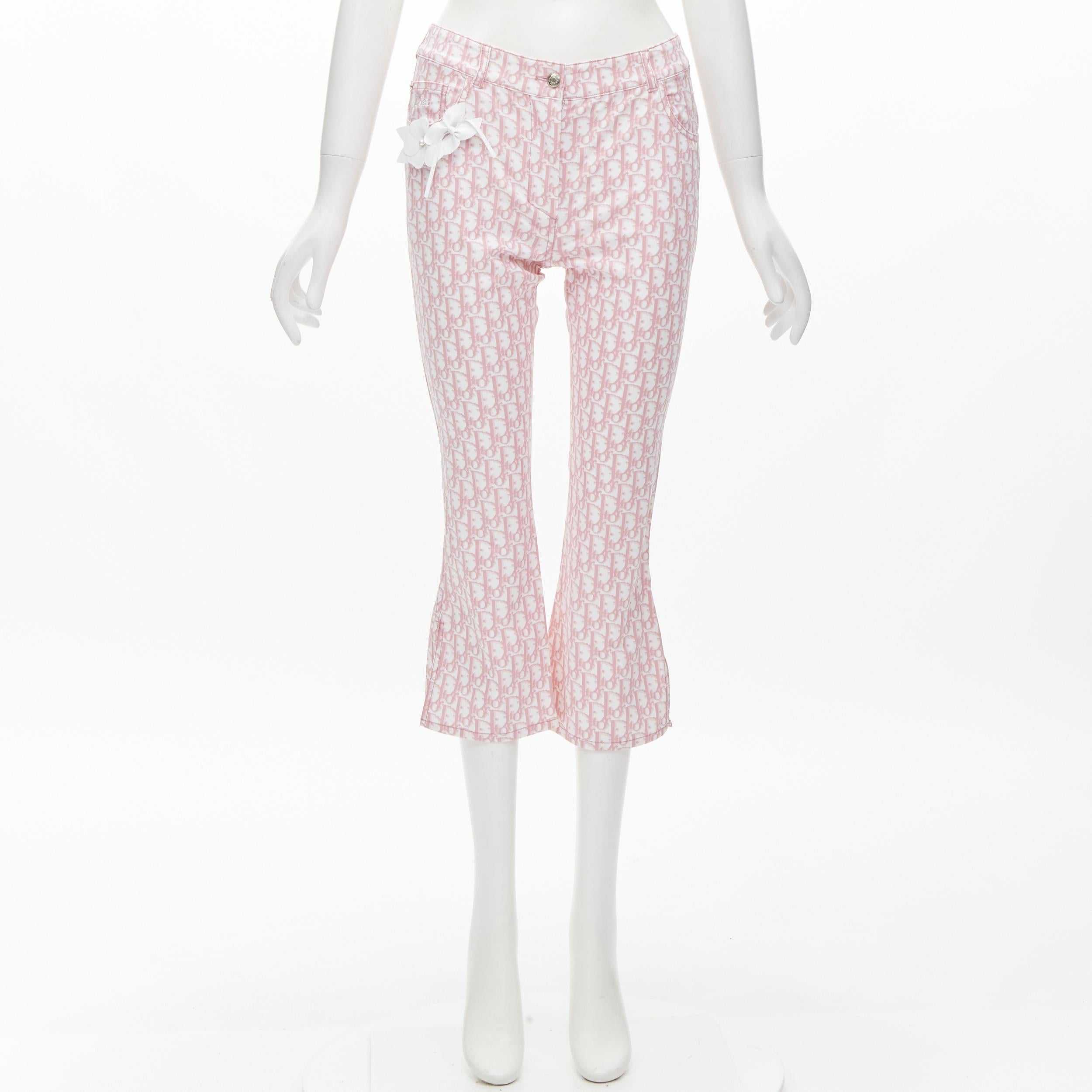 CHRISTIAN DIOR Galliano Y2K pink monogram crystal flared cropped pants FR36 S For Sale 3