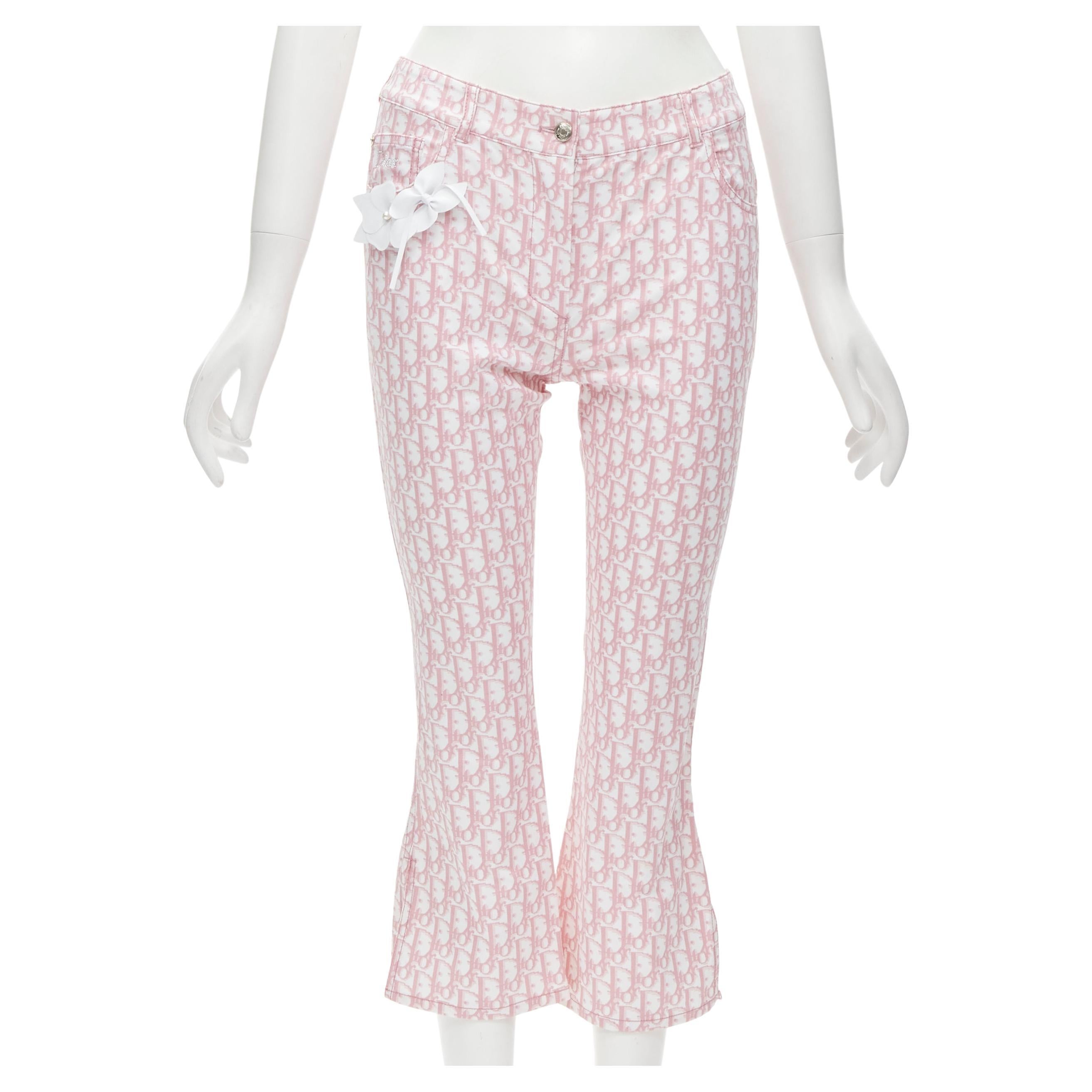 CHRISTIAN DIOR Galliano Y2K pink monogram crystal flared cropped pants FR36  S