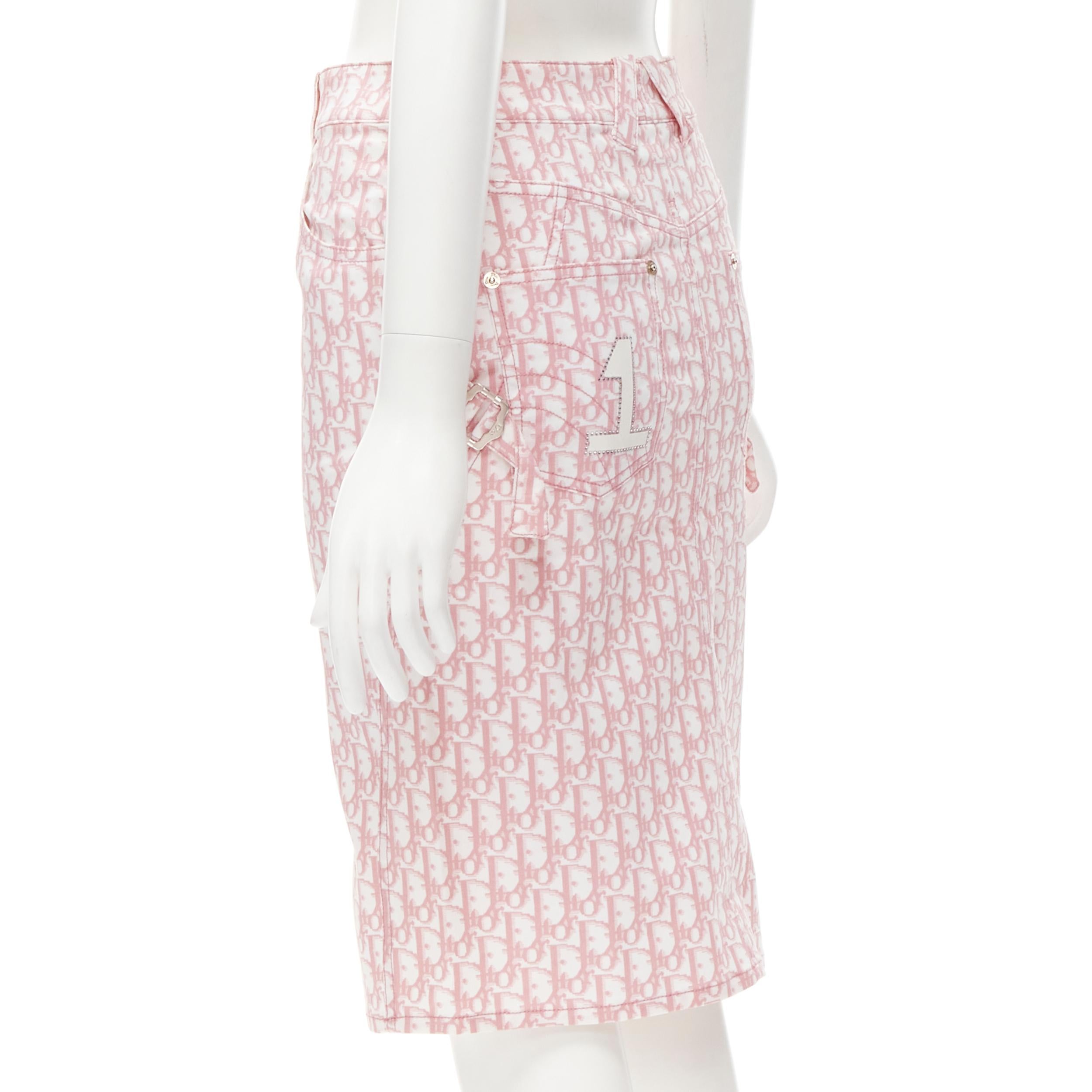 CHRISTIAN DIOR Galliano Y2K pink Oblique monogram crystal blossom skirt FR36 S In Excellent Condition In Hong Kong, NT