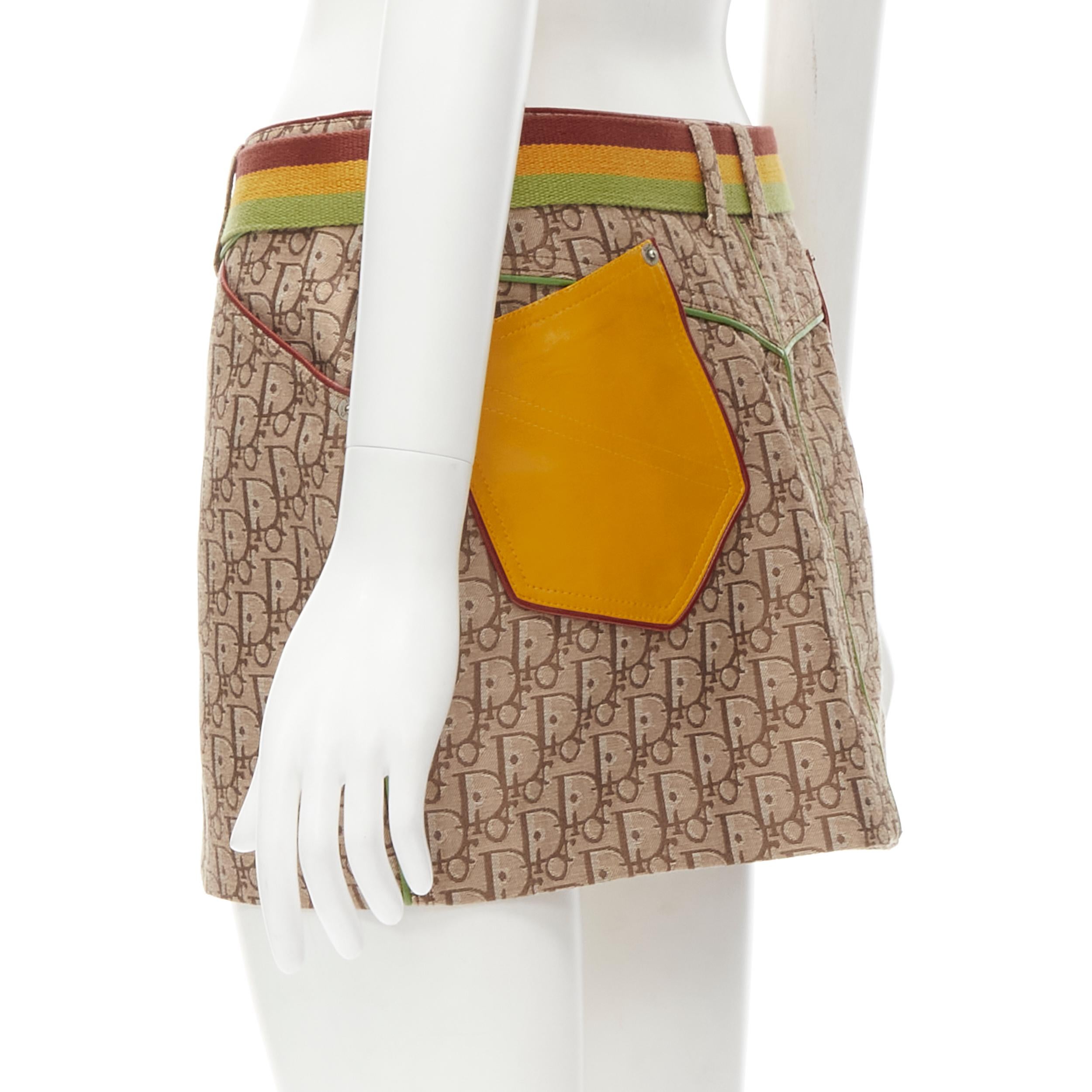 CHRISTIAN DIOR Galliano Y2K Rasta belted leather trim monogram mini skirt  XS In Excellent Condition In Hong Kong, NT