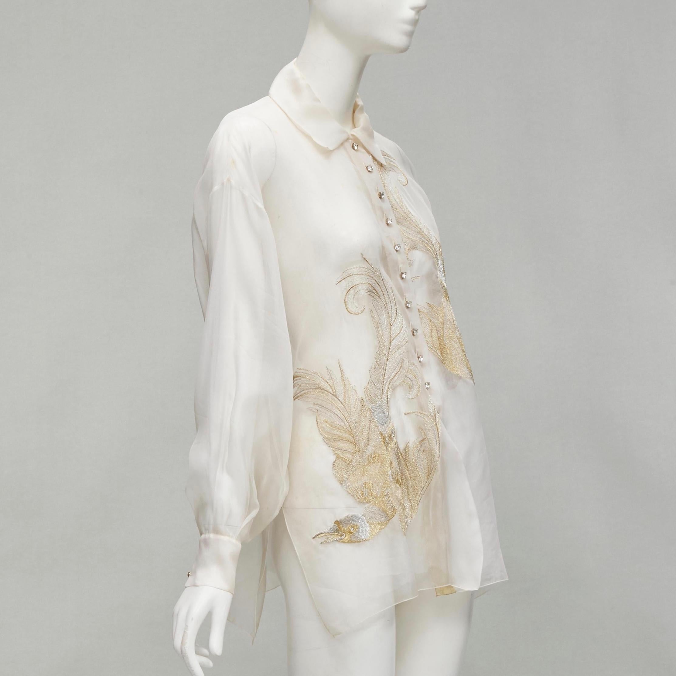 Gray CHRISTIAN DIOR Gianfranco Ferre sheer gold phoenix embroidery silk shirt FR38 M For Sale