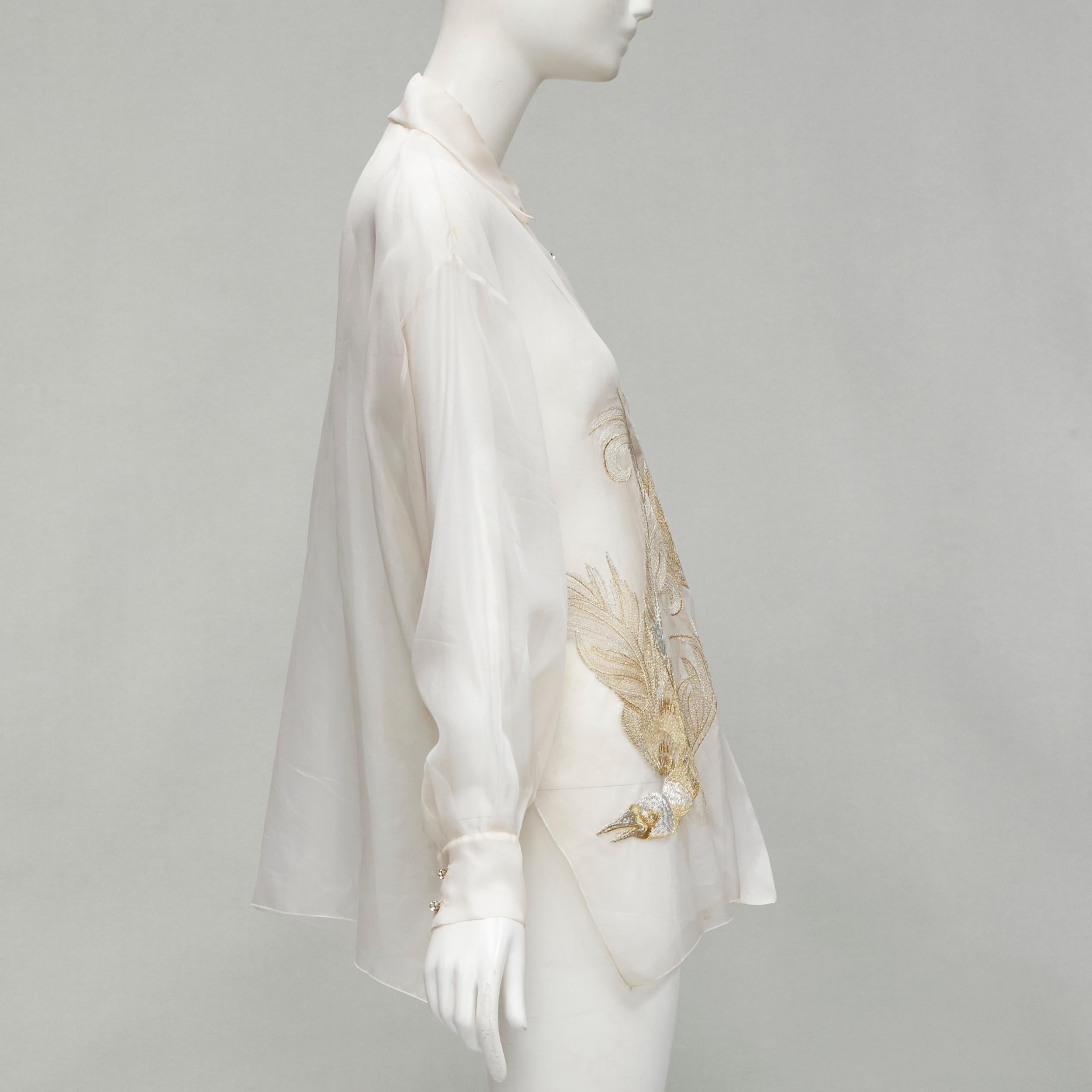 Women's CHRISTIAN DIOR Gianfranco Ferre white sheer gold embroidery silk shirt FR38 M