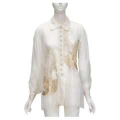 CHRISTIAN DIOR Gianfranco Ferre white sheer gold embroidery silk shirt FR38 M
