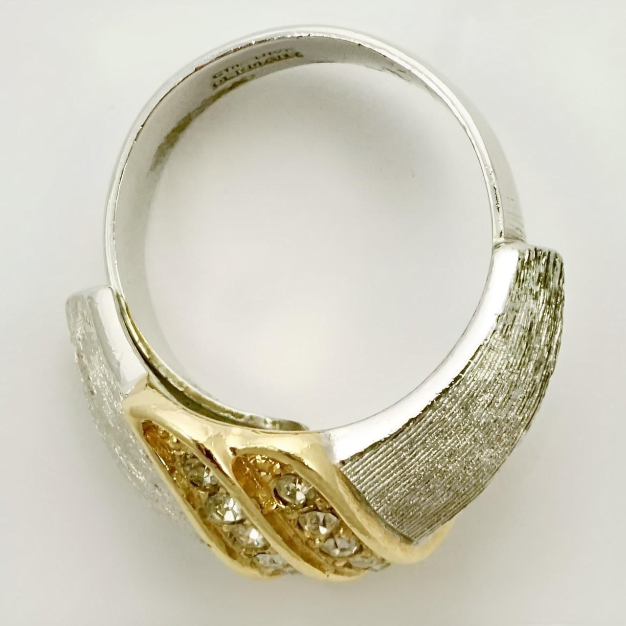 Women's or Men's Christian Dior Gold and Silver Plated Cocktail Ring with Clear Rhinestones For Sale