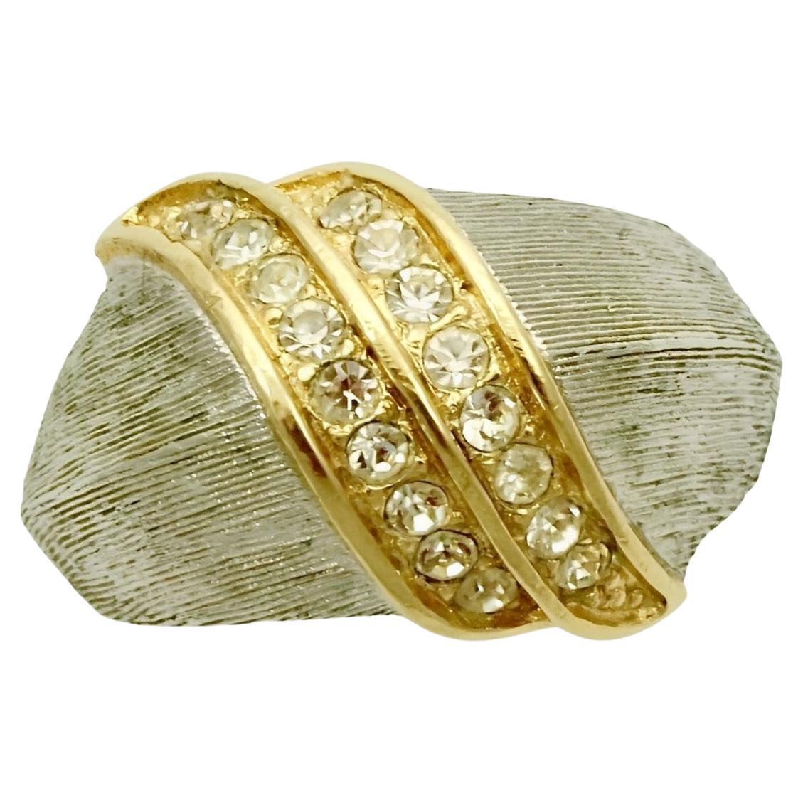 Christian Dior Gold and Silver Plated Cocktail Ring with Clear Rhinestones For Sale