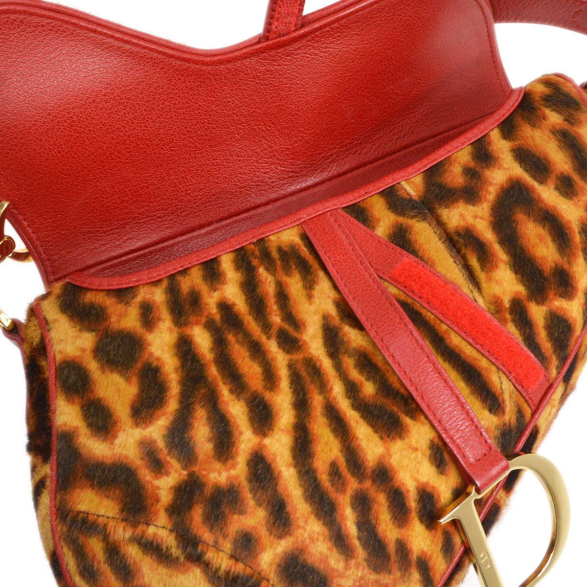 Christian Dior Gold Brown Red Leopard Ponyhair Leather Saddle Shoulder Bag  In Good Condition In Chicago, IL
