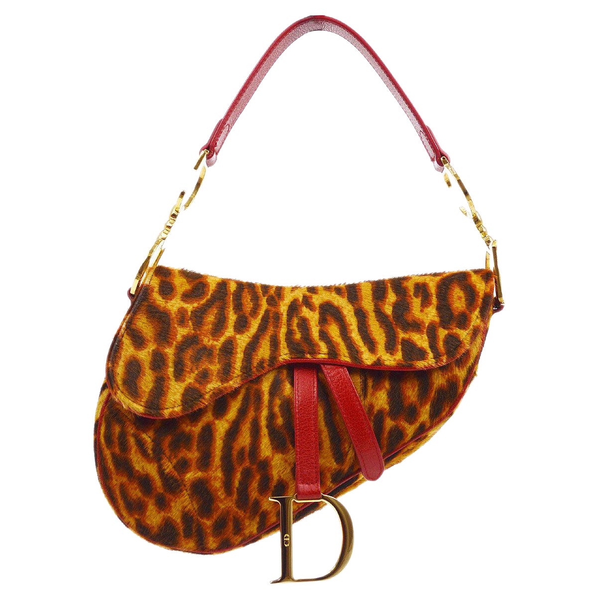 Christian Dior Gold Brown Red Leopard Ponyhair Leather Saddle Shoulder Bag For Sale