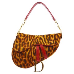 Christian Dior Gold Brown Red Leopard Ponyhair Leather Saddle Shoulder Bag