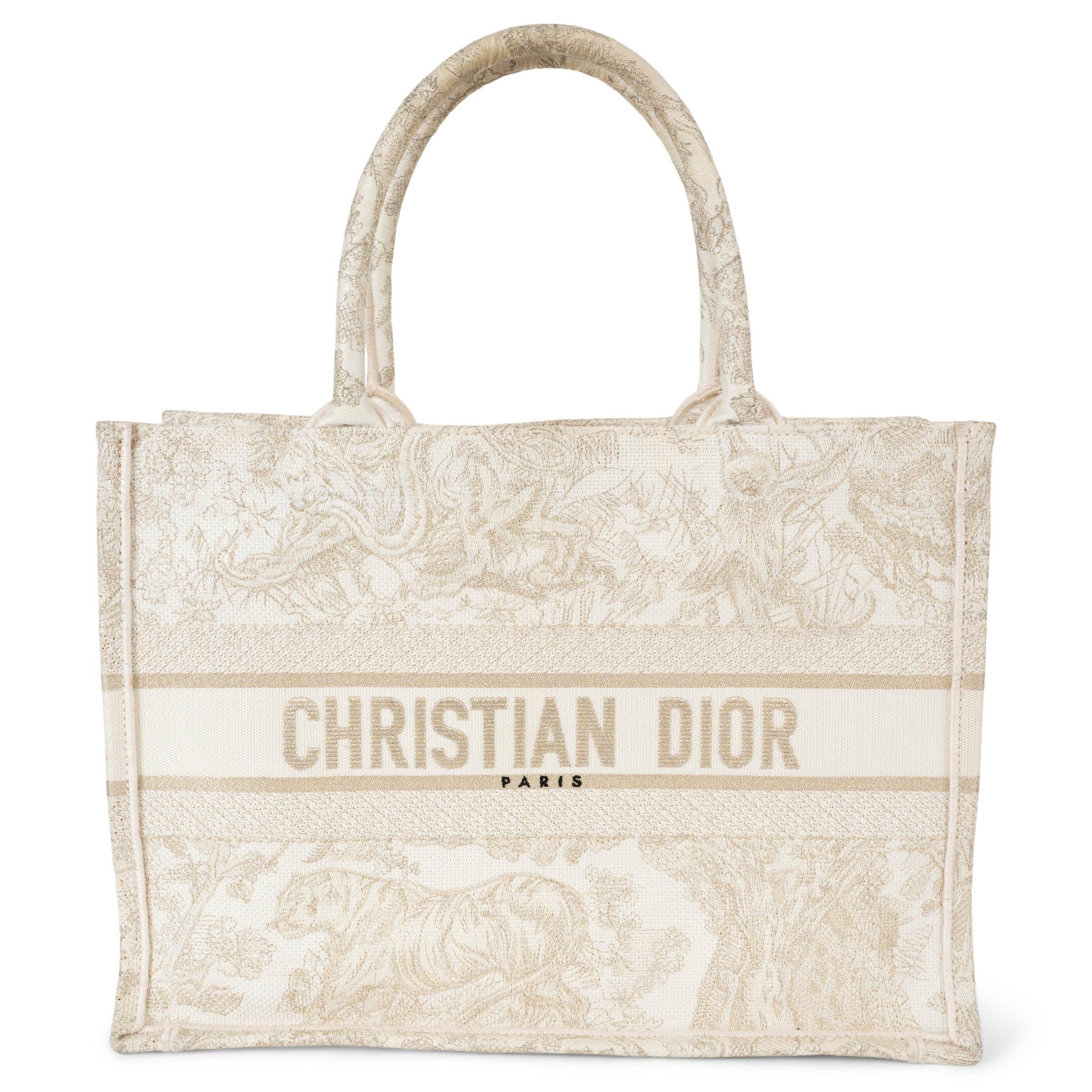 CHRISTIAN DIOR gold & cream 2021 TOILE DE JOUY MEDIUM BOOK TOTE Bag