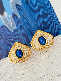 Christian Dior Gold Lapis Blue Crystals Cabochon Foil Triangle Clip Earrings