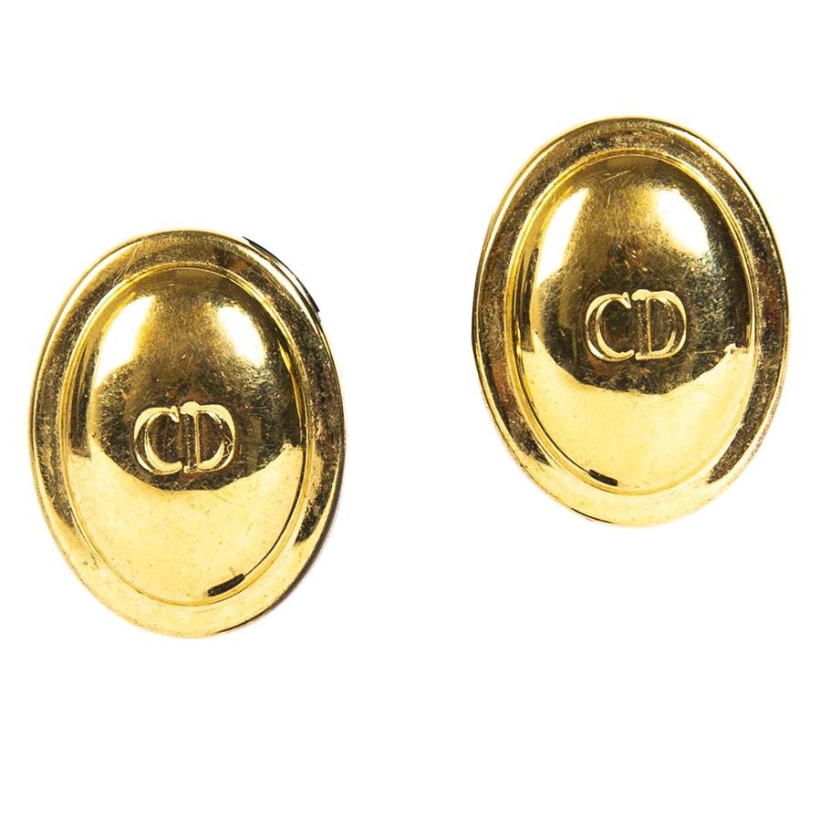 Christian Dior Gold Logo Clip On Earrings