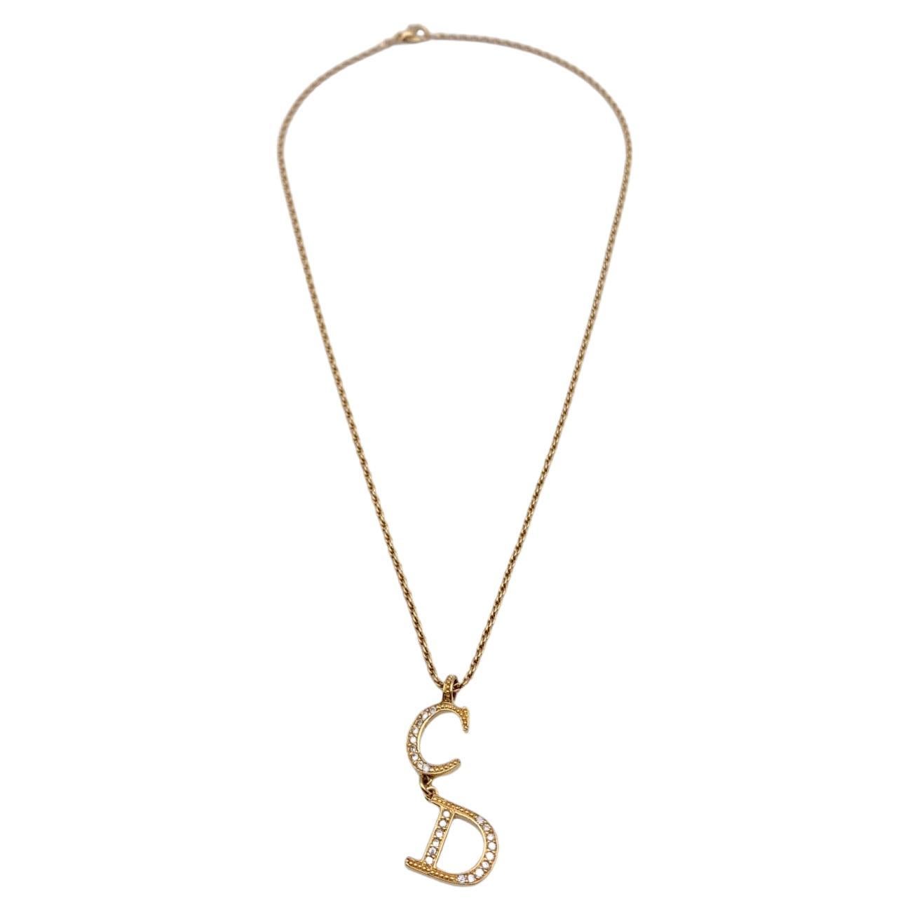 Christian Dior Gold Metal CD Dangling Pendant Rhinestones Necklace